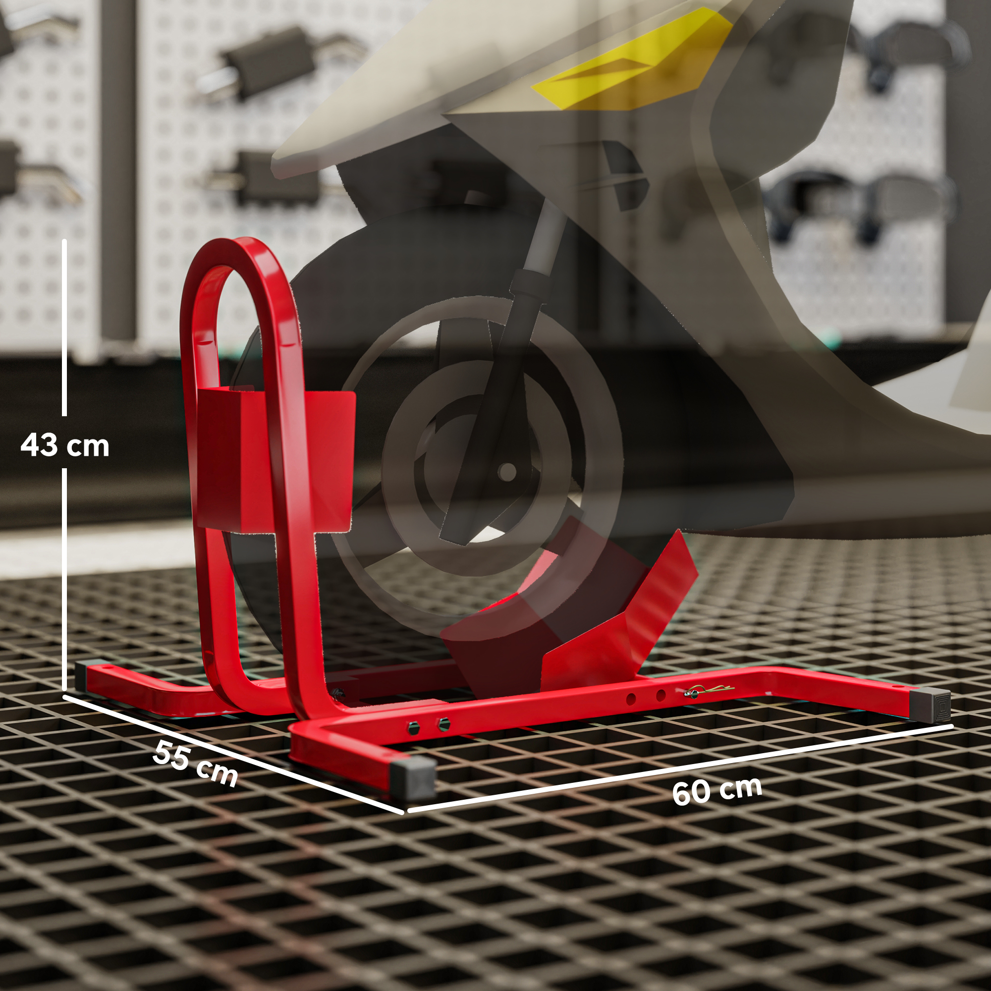 Un soporte rojo para motocicleta sostiene la rueda de una moto. Se muestran dimensiones.