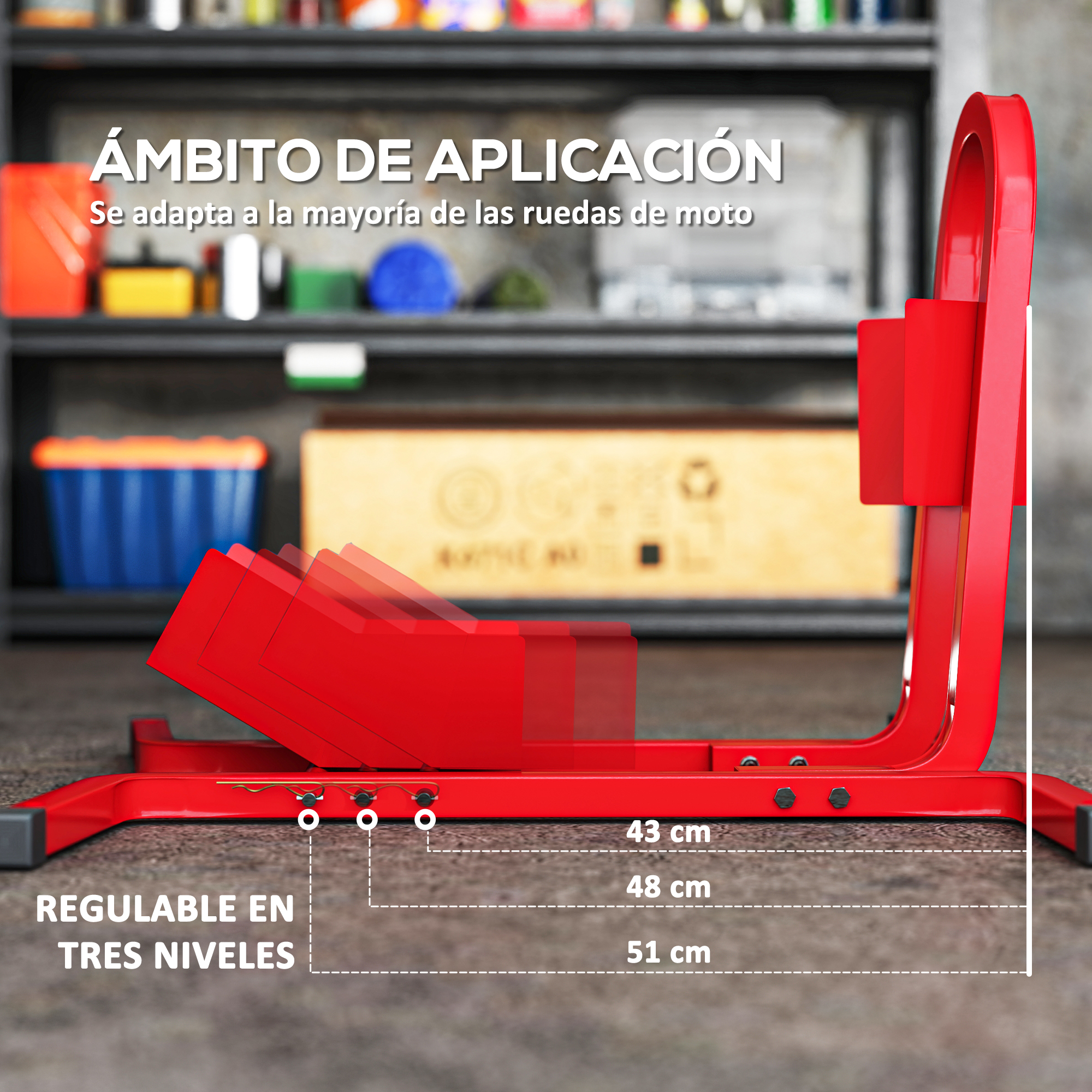 Soporte de rueda de moto rojo con niveles ajustables y medidas de 43-51 cm.