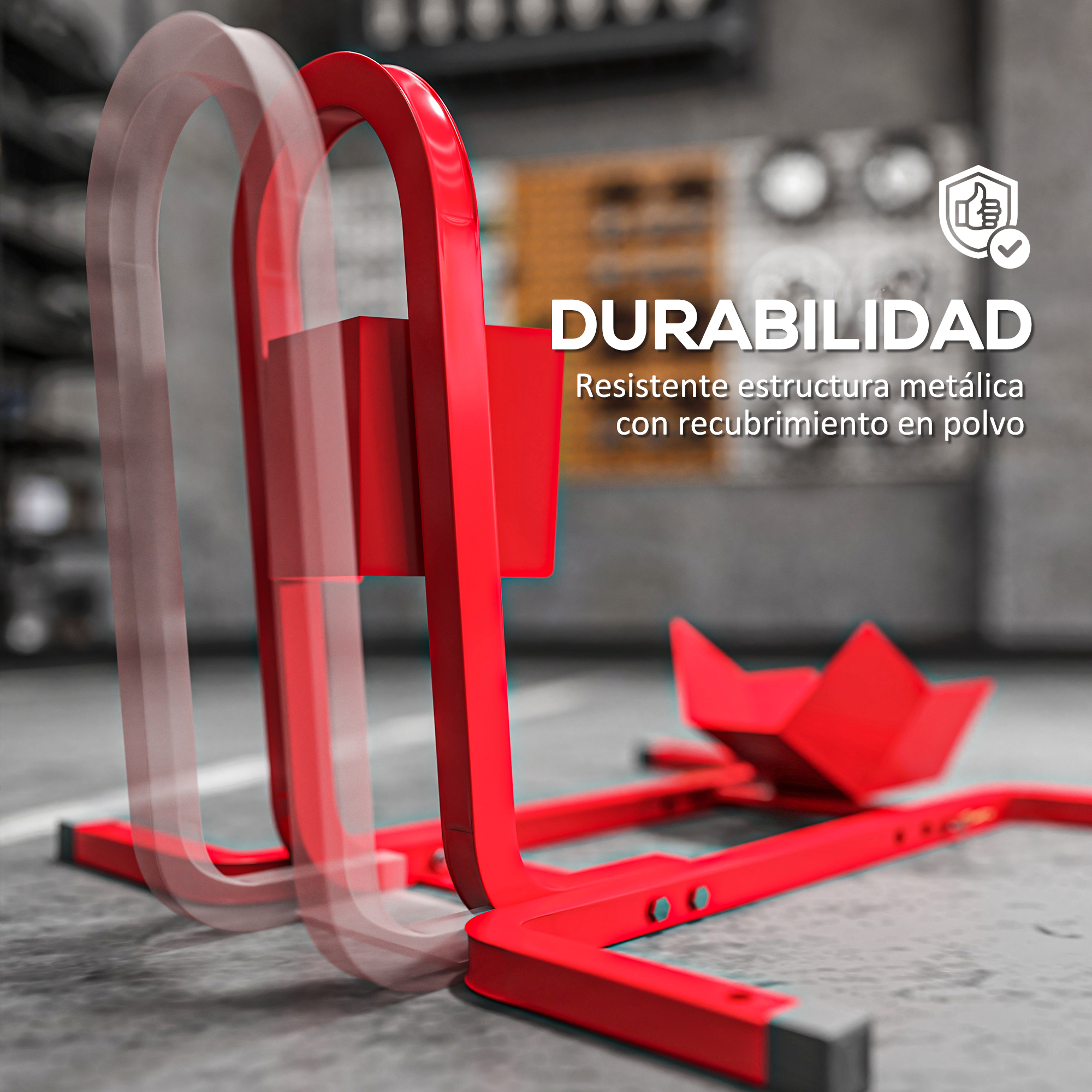 Soporte rojo para motocicleta con recubrimiento en polvo.