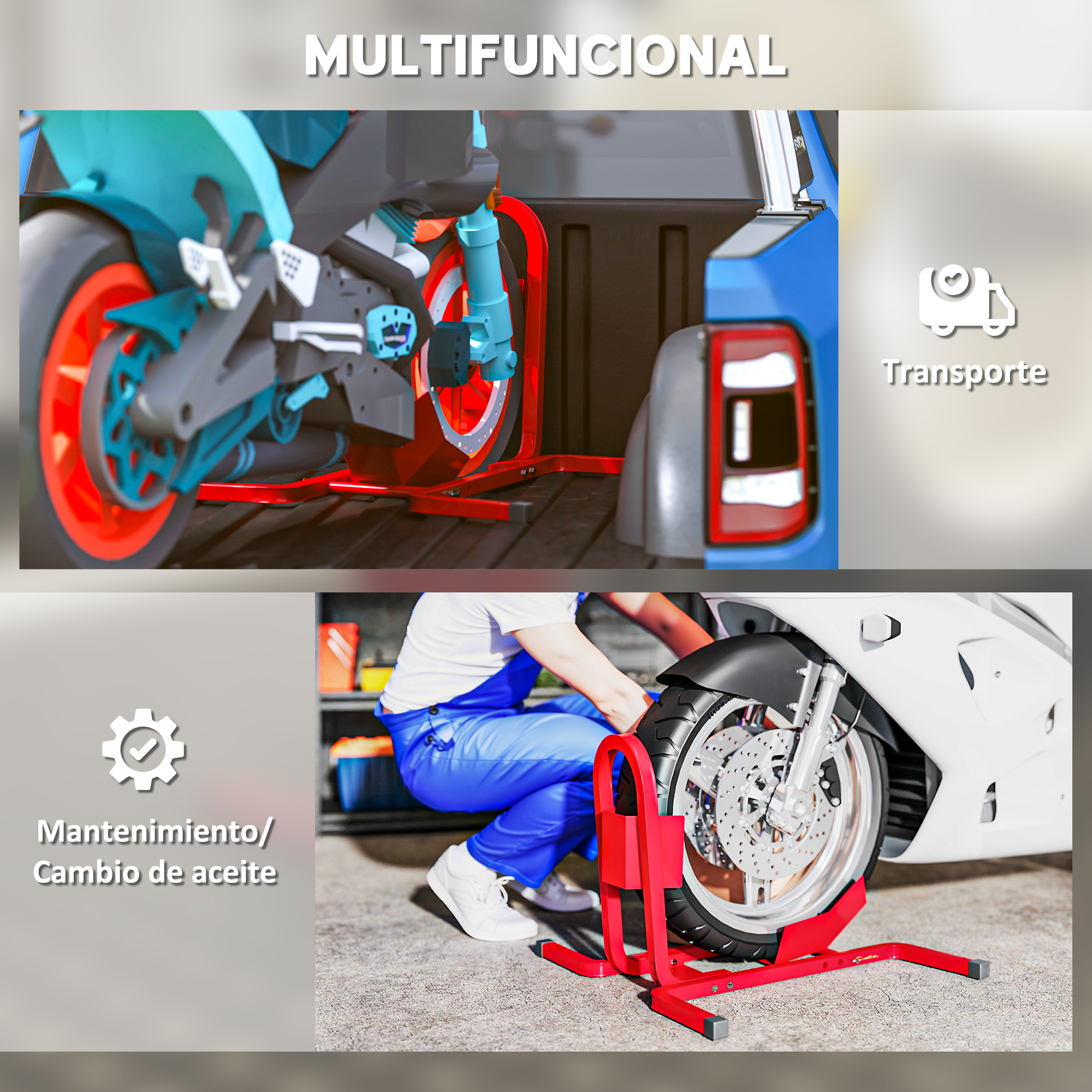 Motocicleta en camión con soporte rojo; mecánico con motocicleta en soporte rojo.