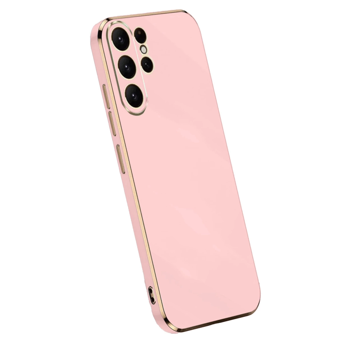 Altın çerçeveli ve kamera modüllü pembe telefon kılıfı.