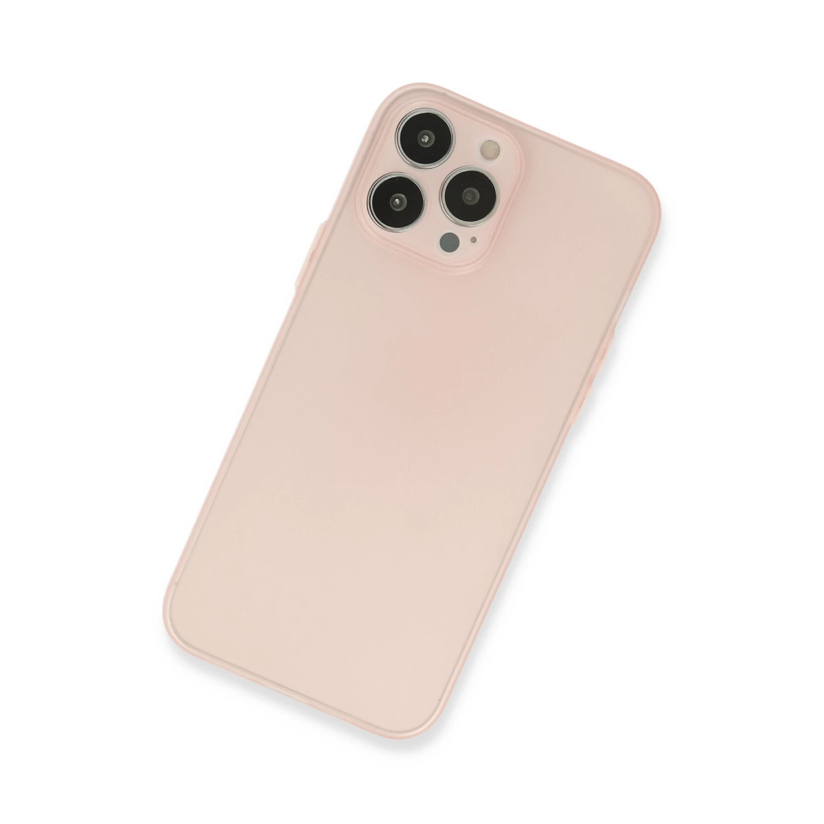 Arkada üç kamerası olan açık pembe akıllı telefon, beyaz arka plan üzerinde.