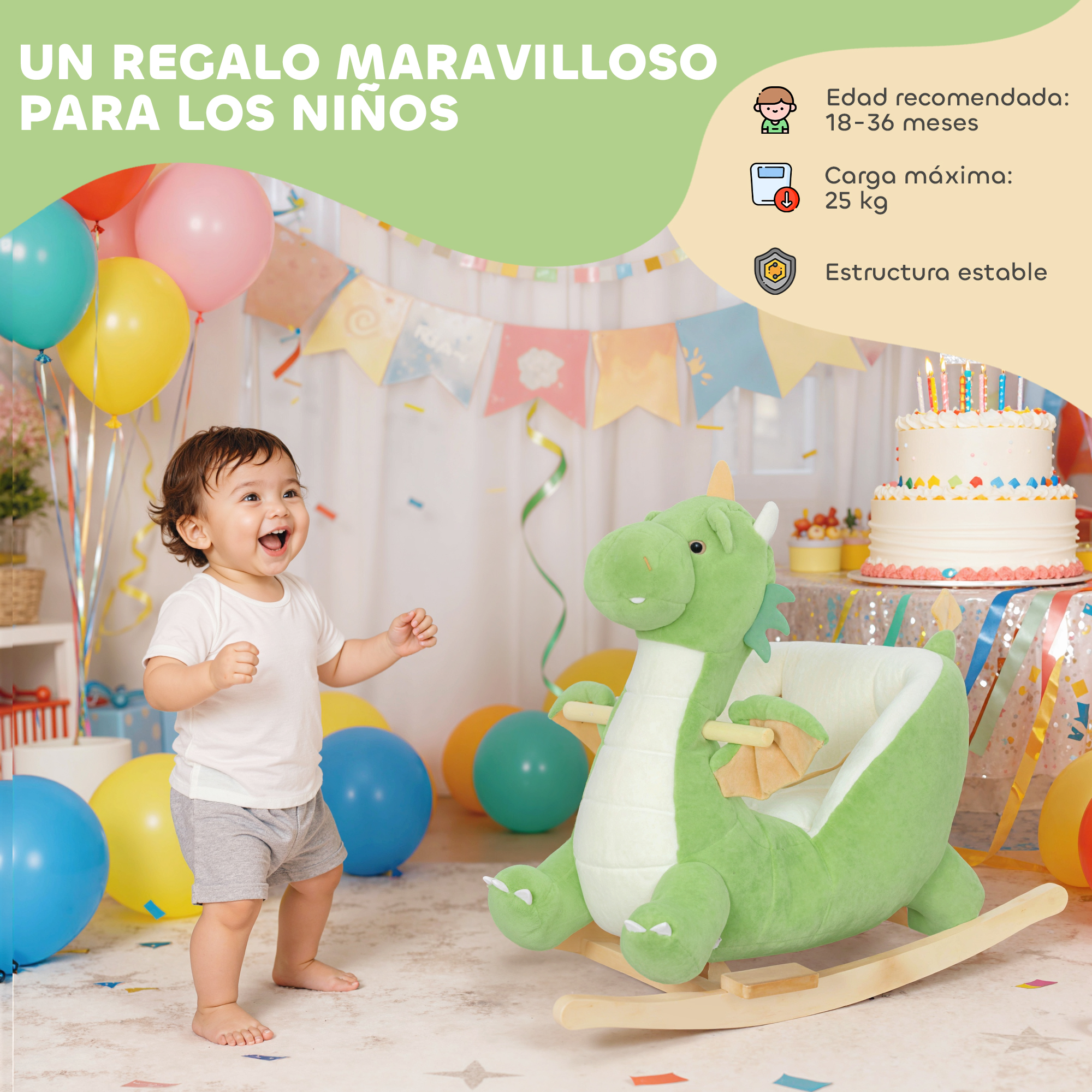 Un bebé sonriente juega con un balancín de dragón verde junto a un pastel de cumpleaños.