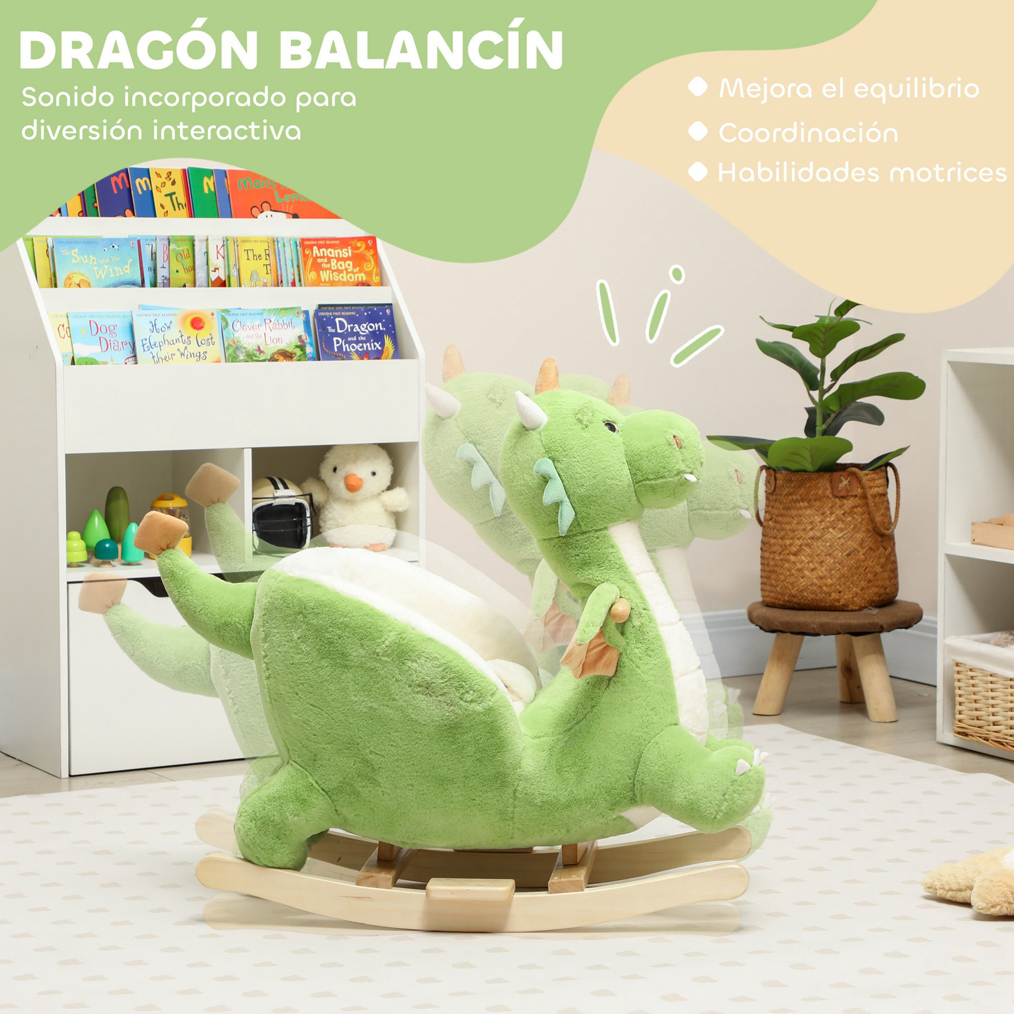 Un peluche de dragón mecedor verde frente a una estantería con libros infantiles.