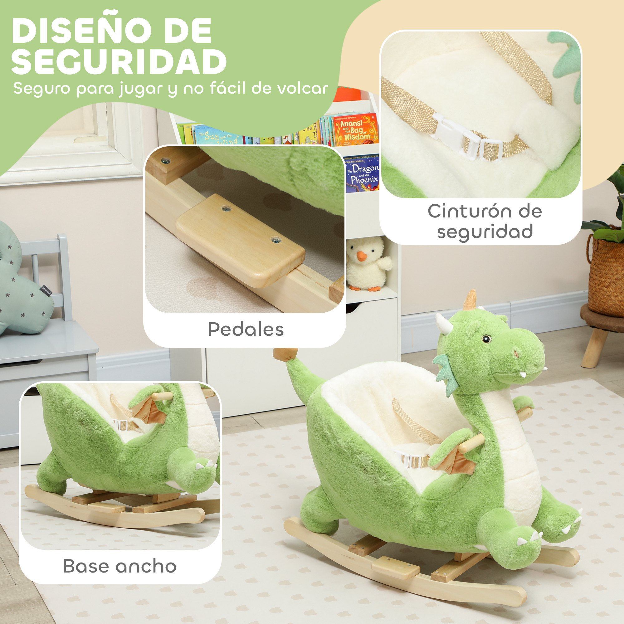 Peluche de dragón verde mecedora con cinturón y pedales.