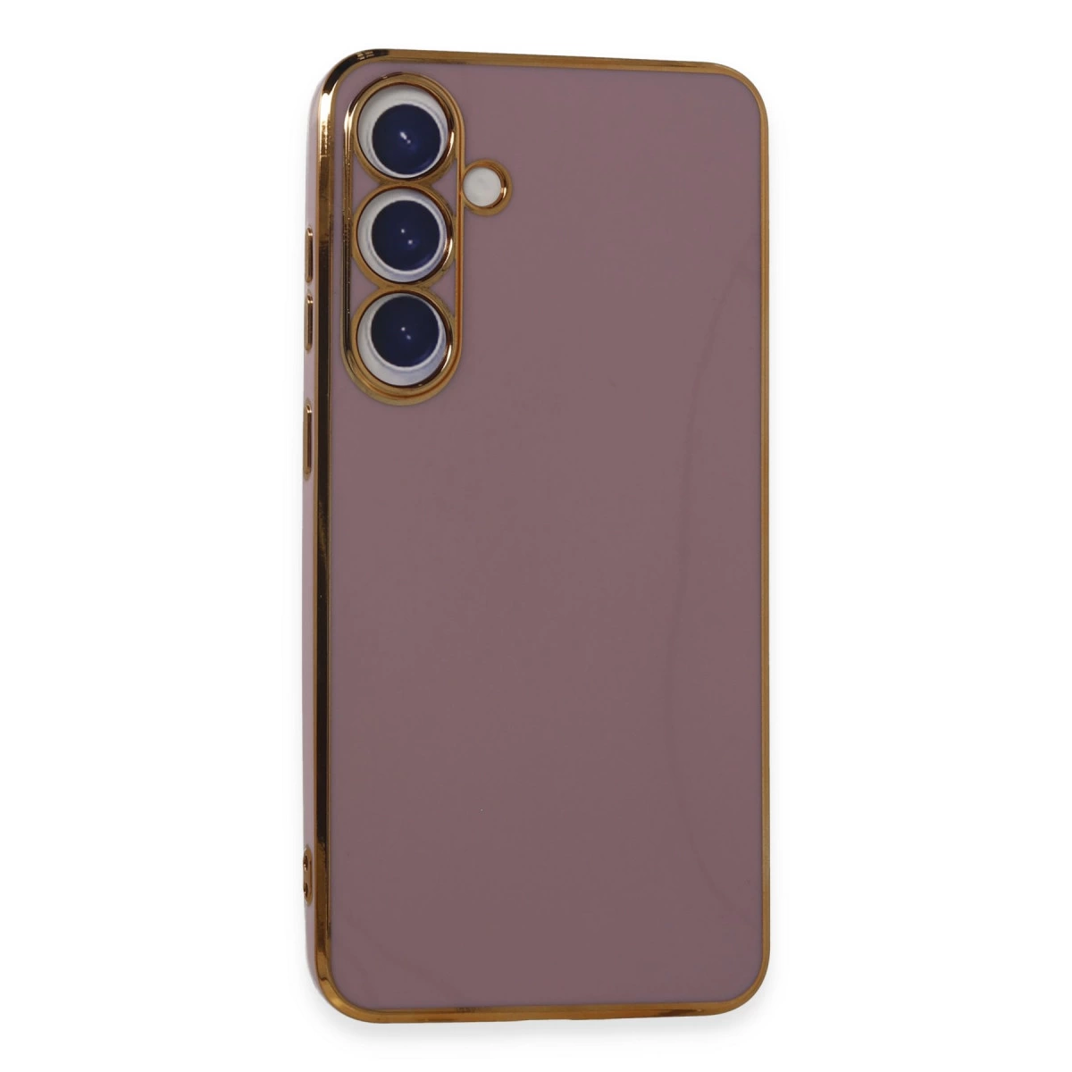 Üç kameralı, altın kenarlı mor telefon kılıfı.