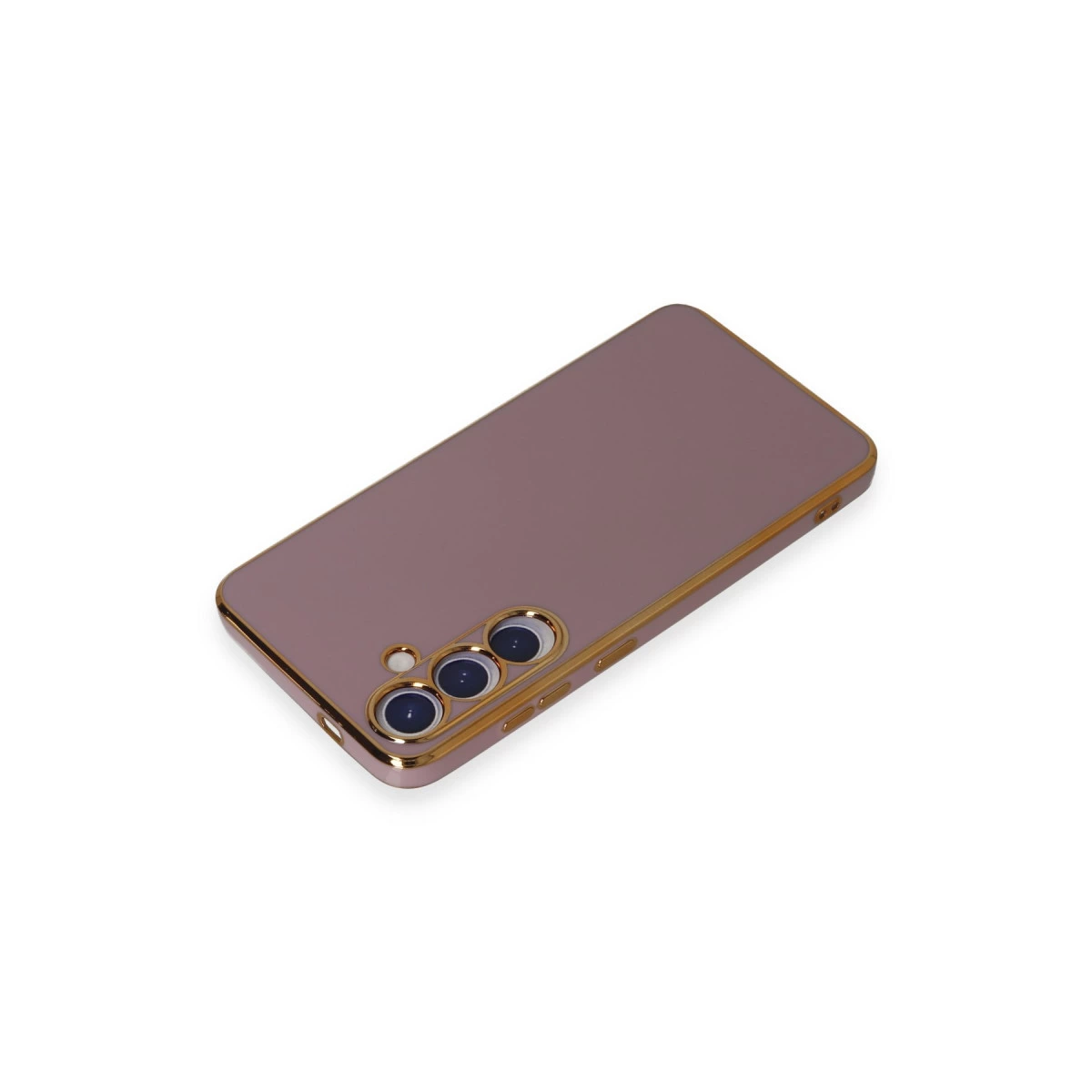 Altın kenarlıklı, taupe rengi telefon kılıfı, beyaz yüzeyde duruyor.