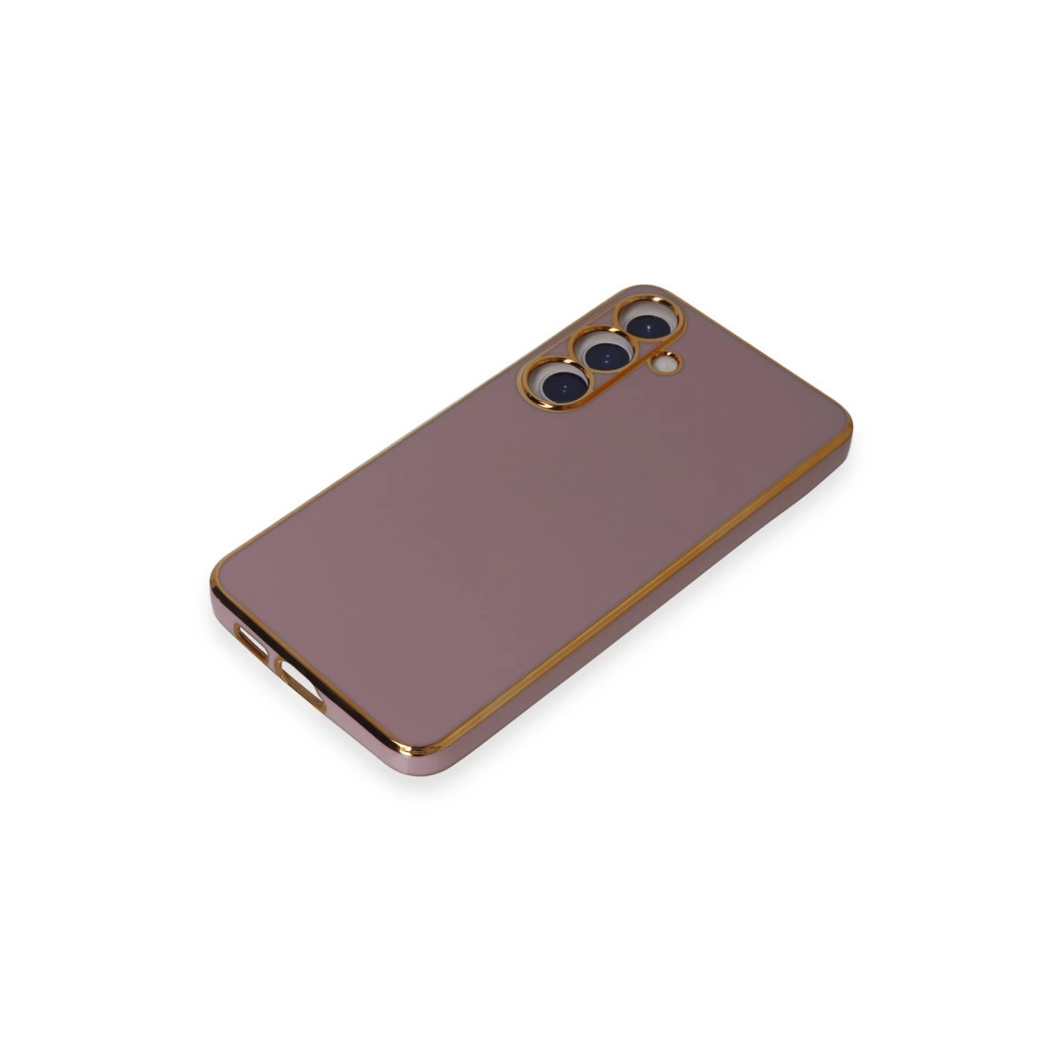 Üç kamera lensli ve altın kenarlı, lavanta rengi telefon kılıfı.