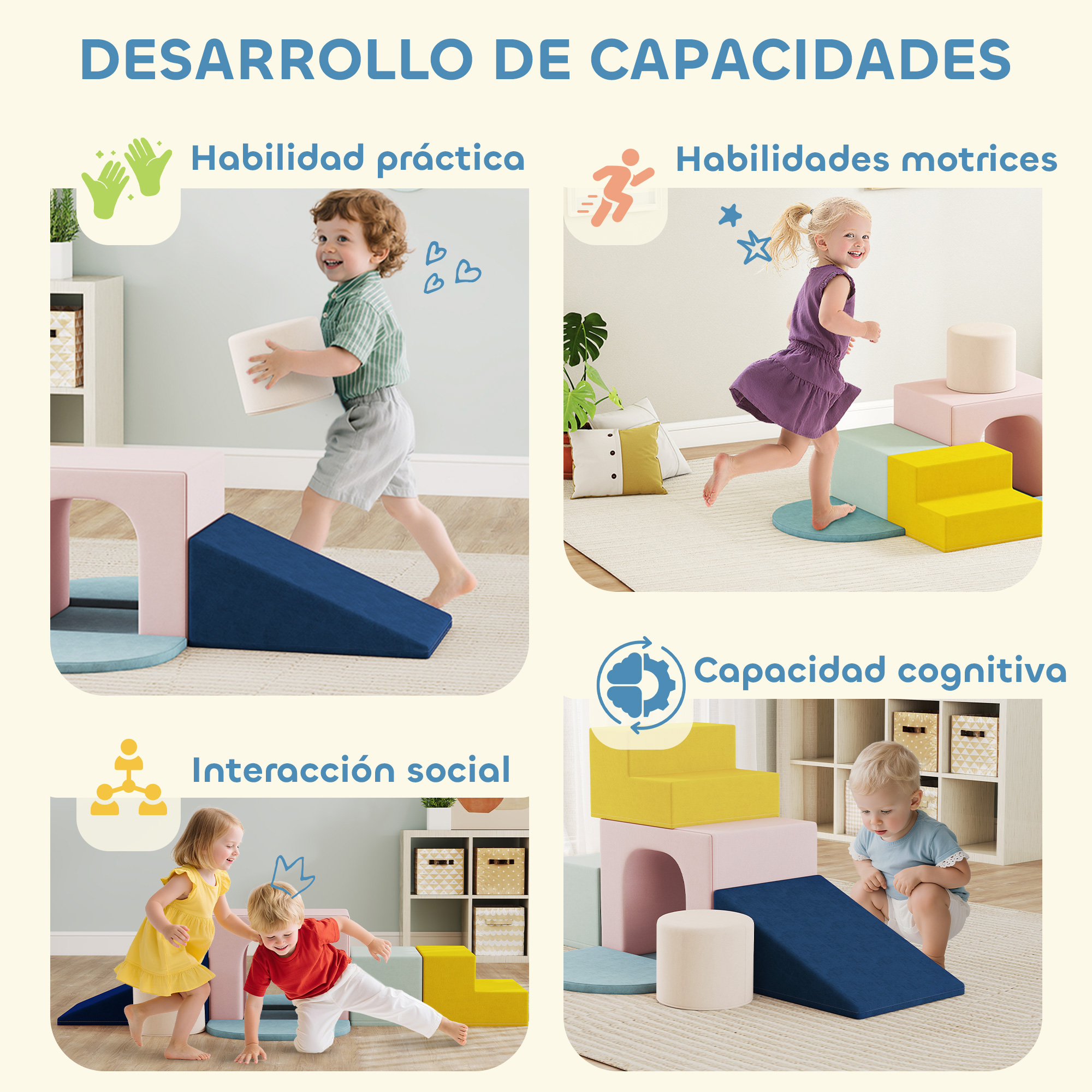Cuatro escenas de niños pequeños interactuando con equipos de juego coloridos.