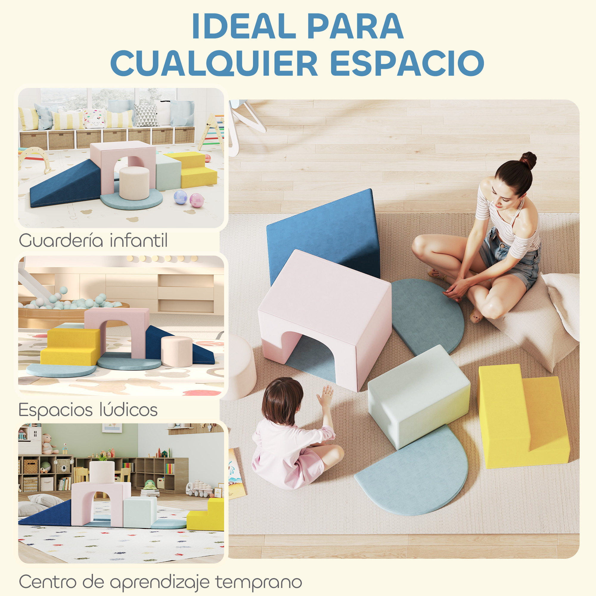 Muebles pasteles para juegos infantiles sobre alfombra.