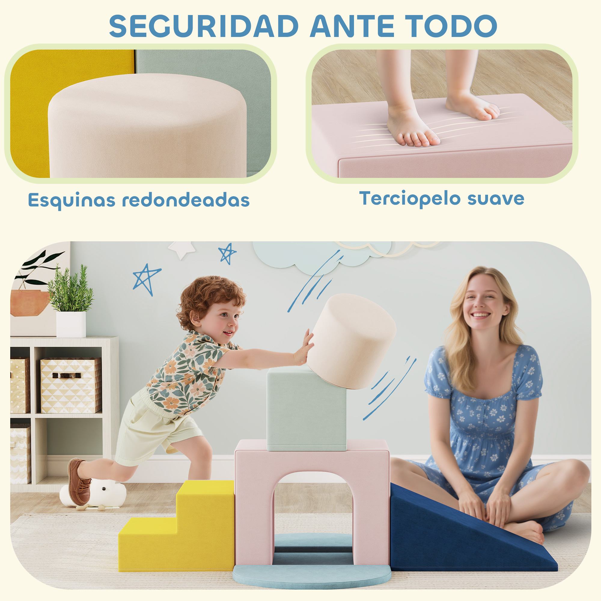Niños juegan con bloques de espuma coloridos, mamá observa.