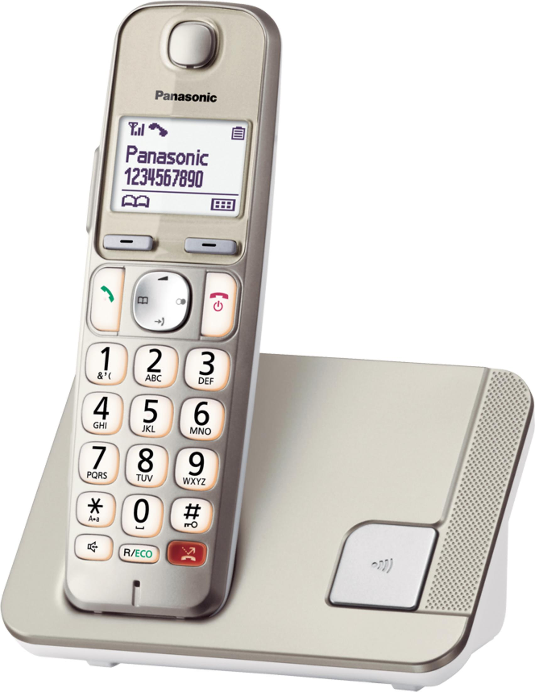 Un telefono cordless Panasonic argentato è sulla sua base di ricarica.