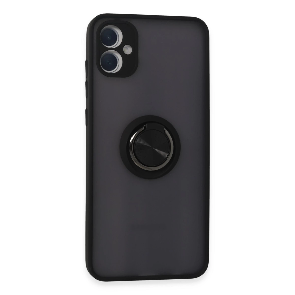 Halka tutuculu ve çift kamera kesimli koyu gri telefon kılıfı.