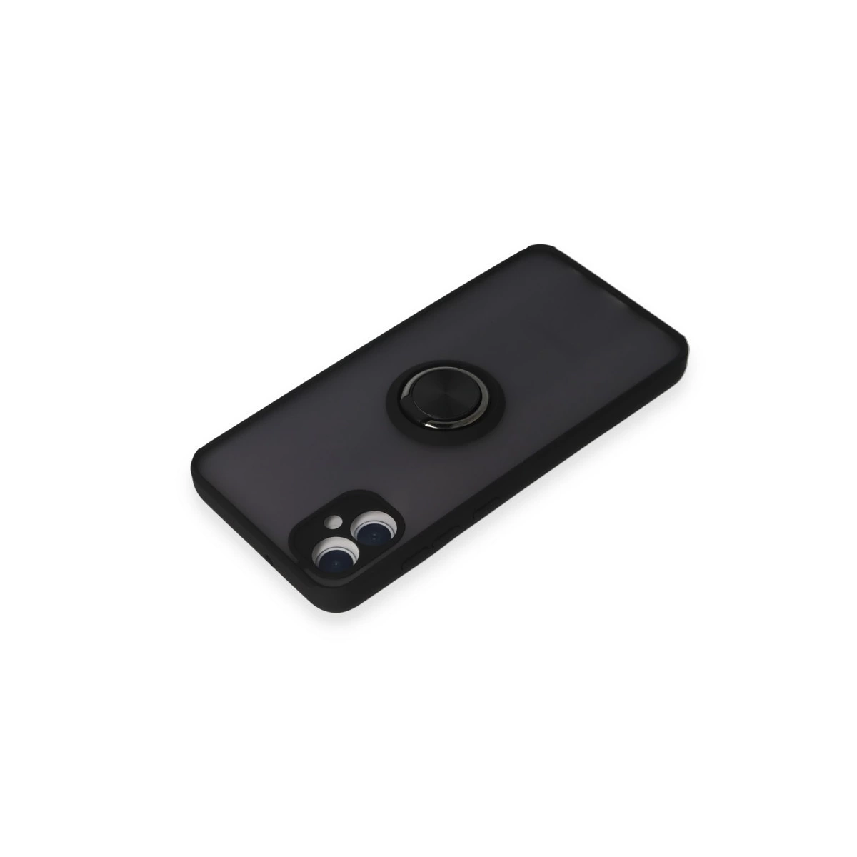 Halka tutuculu ve üç kamera lensli siyah telefon kılıfı.