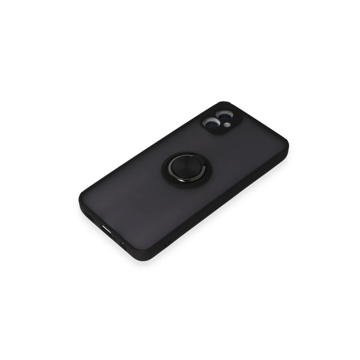Halka tutuculu ve kamera kesimli siyah telefon kılıfı.