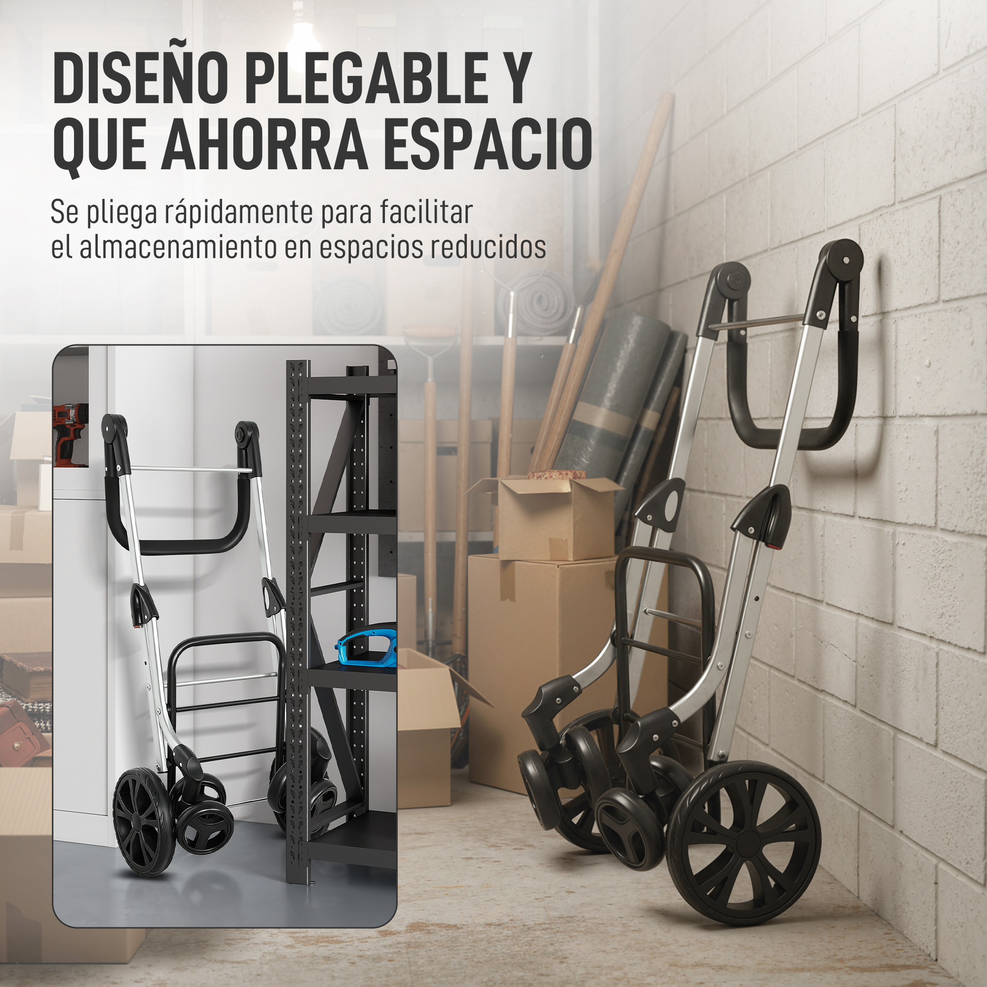 Un carrito plegable junto a herramientas y cajas en un trastero.