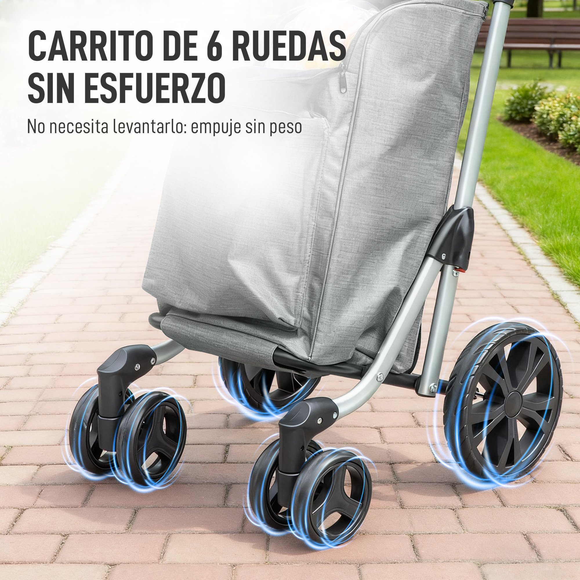 Un carrito de compras gris de 6 ruedas en una acera.