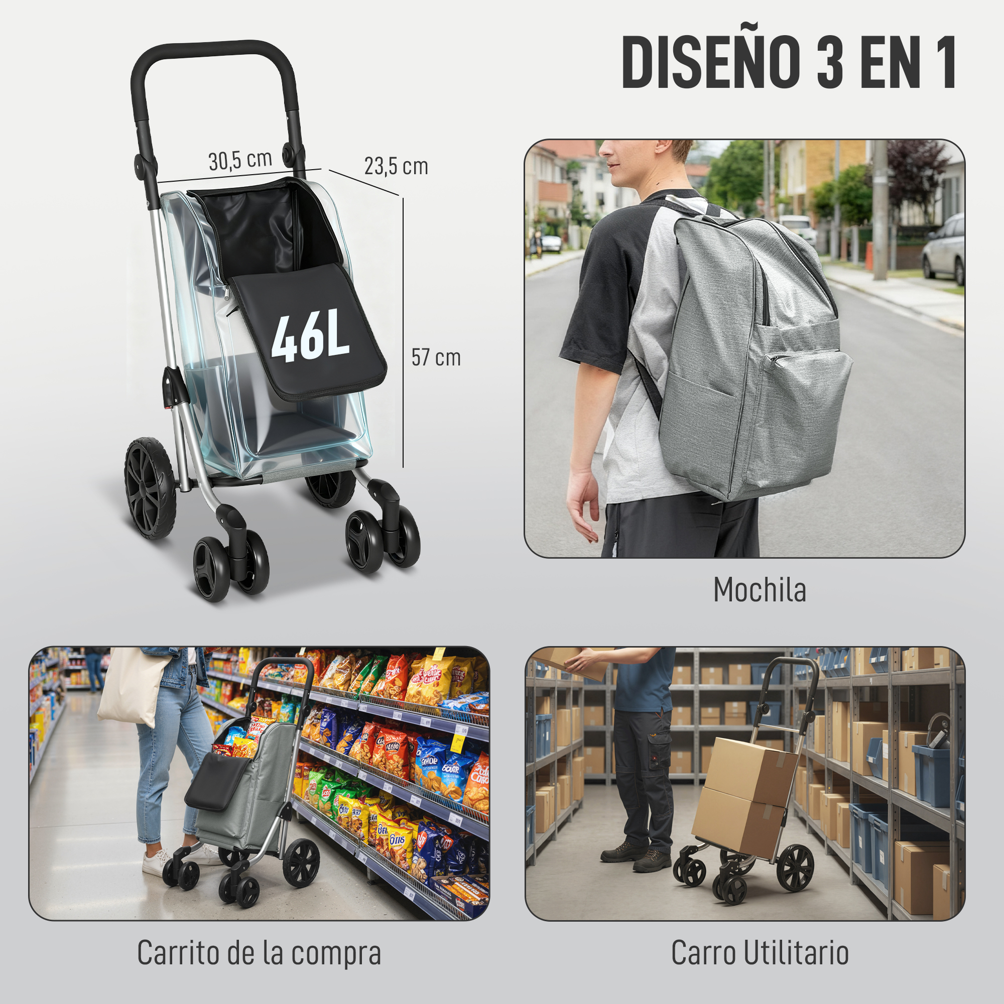 Un carrito multifuncional 3 en 1 mostrado con dimensiones y escenarios de uso.