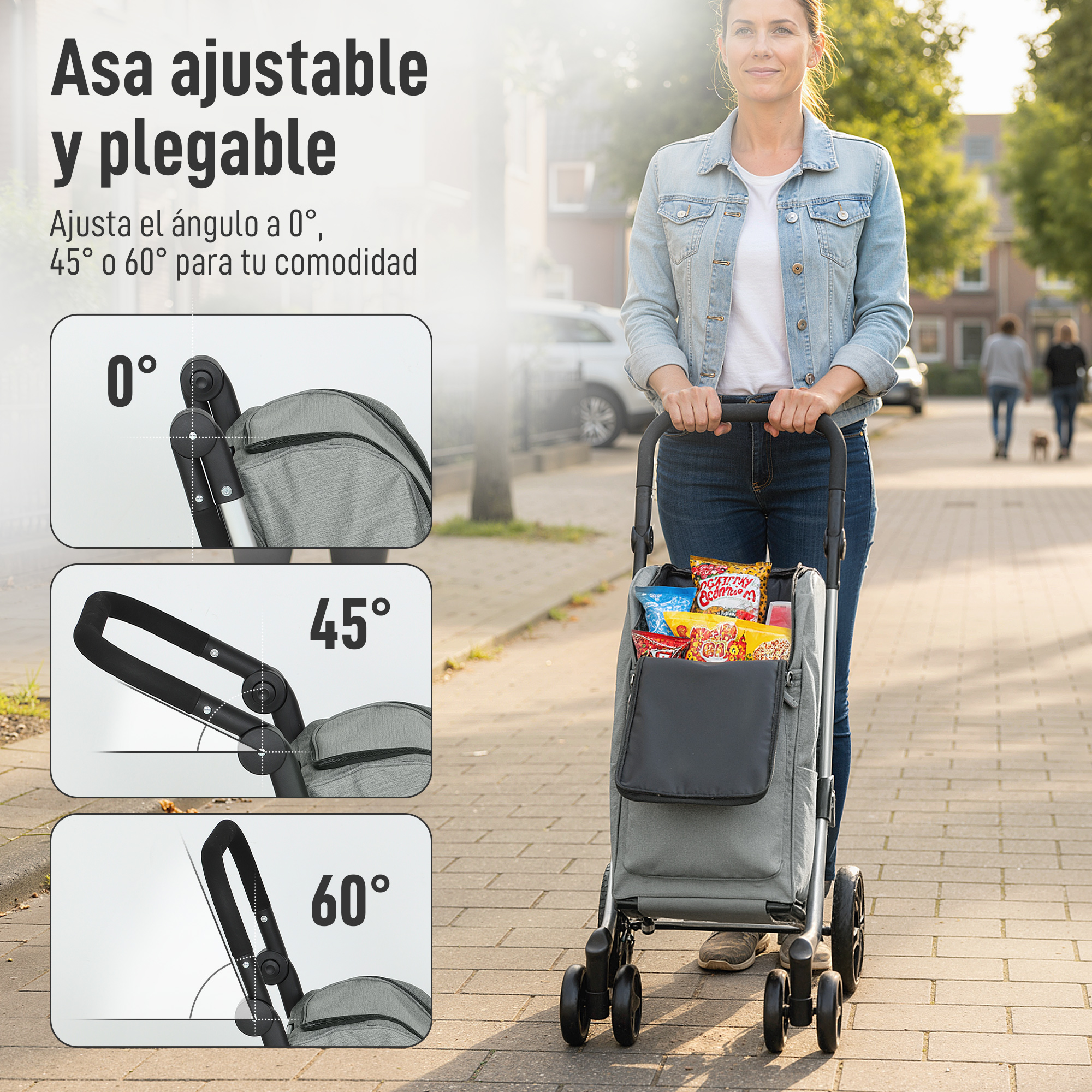 Una mujer empuja un carrito de compras con bocadillos por la acera.