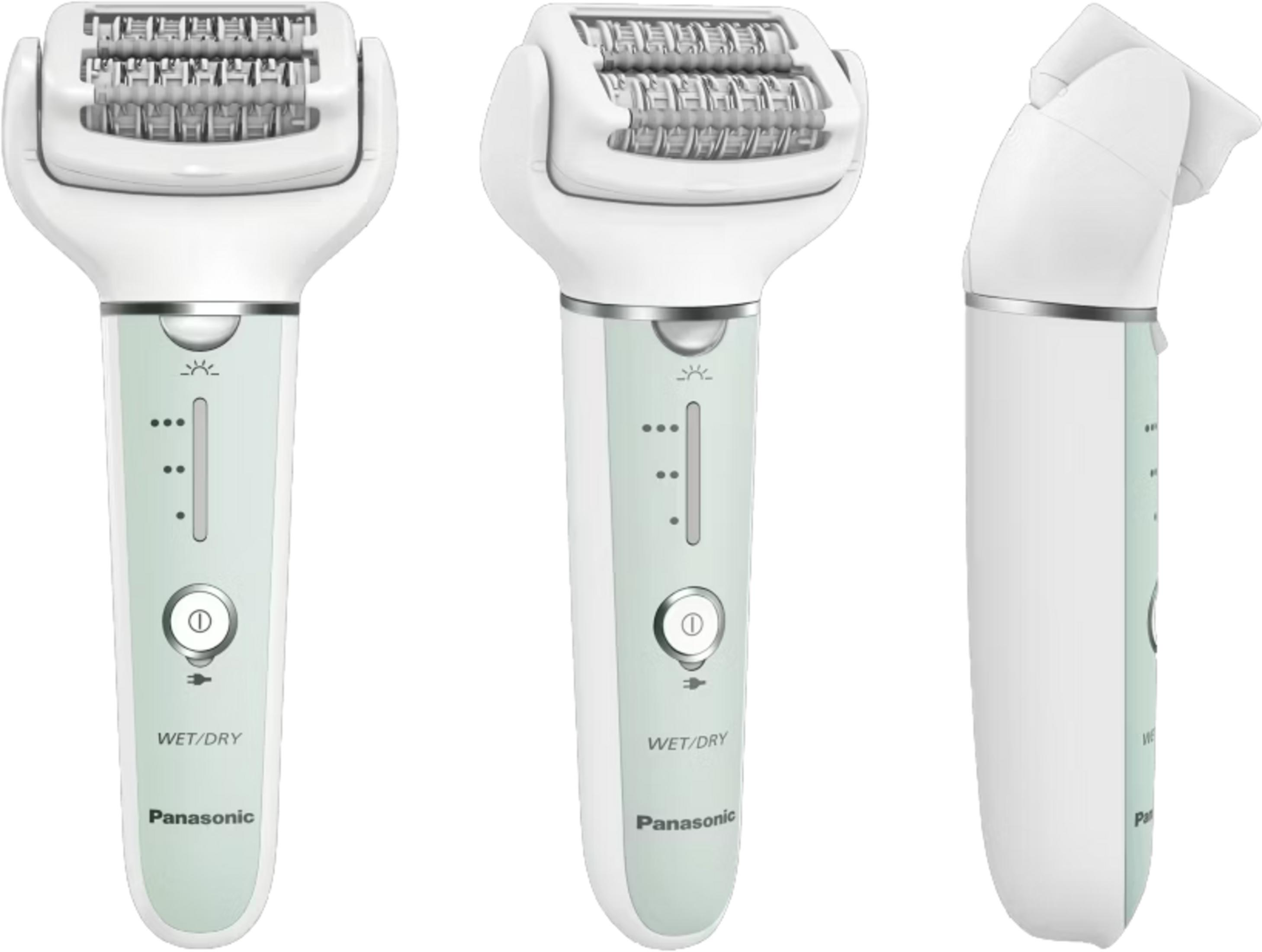 Panasonic Epilierer in Weiß mit silbernen Akzenten und grünen Bedienelementen.