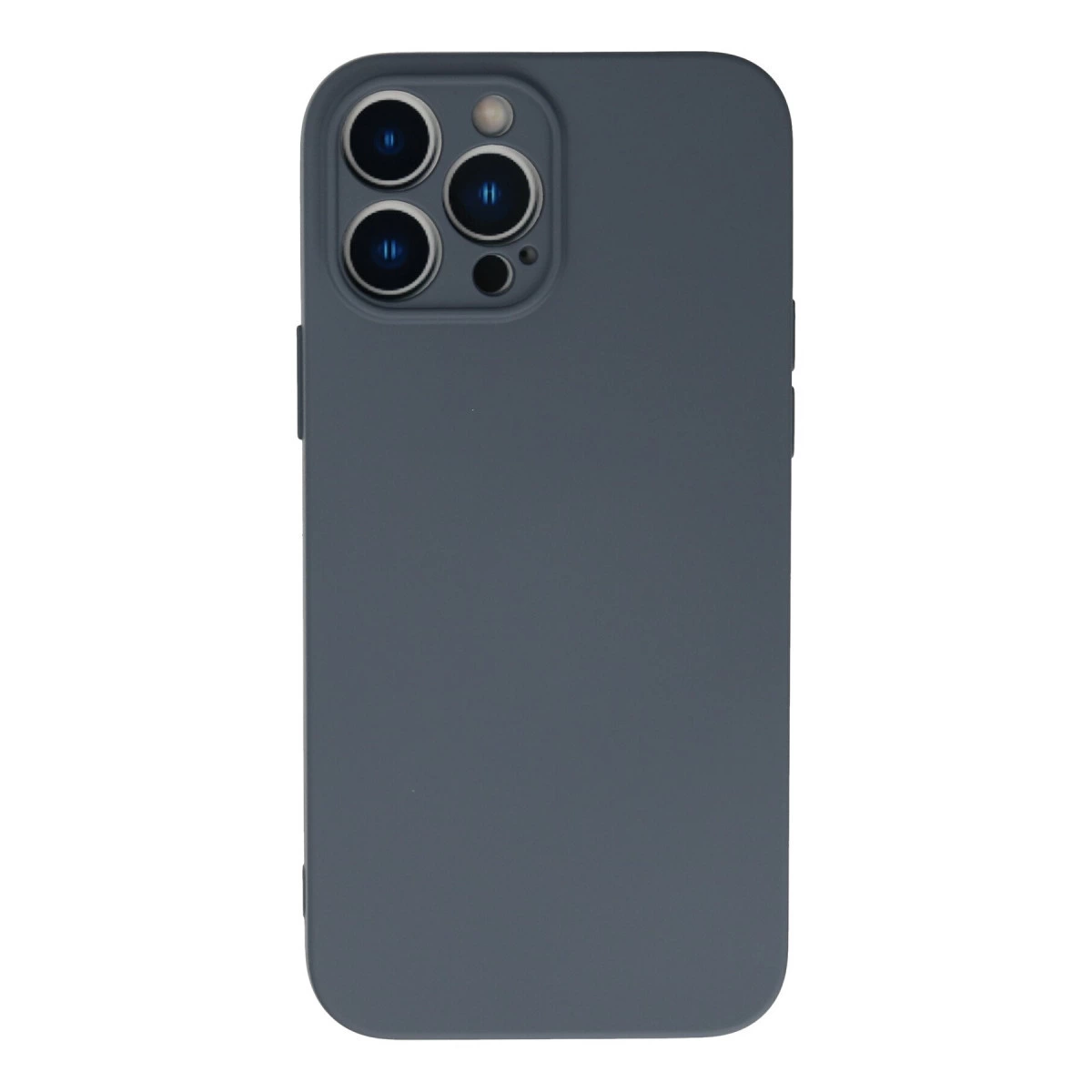 Koyu gri telefon kılıfı, beyaz arka planda üçlü kamera kesiği ile.