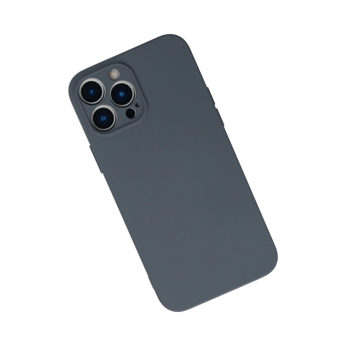 Beyaz zeminde üçlü kamera lensli koyu gri telefon kılıfı.