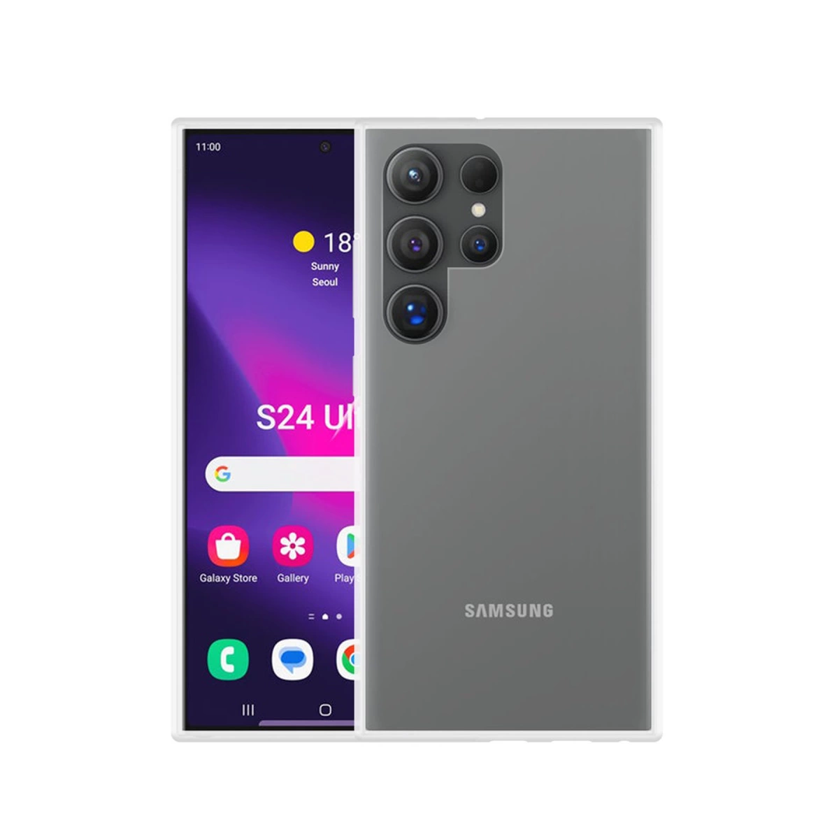 Dört arka kamerası ve hava durumu/uygulama ekranı olan gri Samsung akıllı telefon.