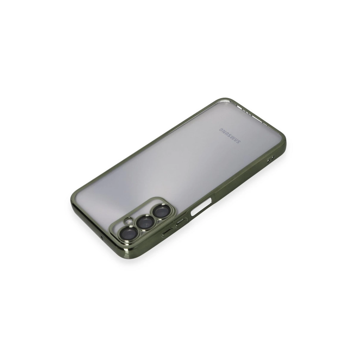 Mat arkalı ve üçlü kamera lensli koyu yeşil telefon kılıfı.