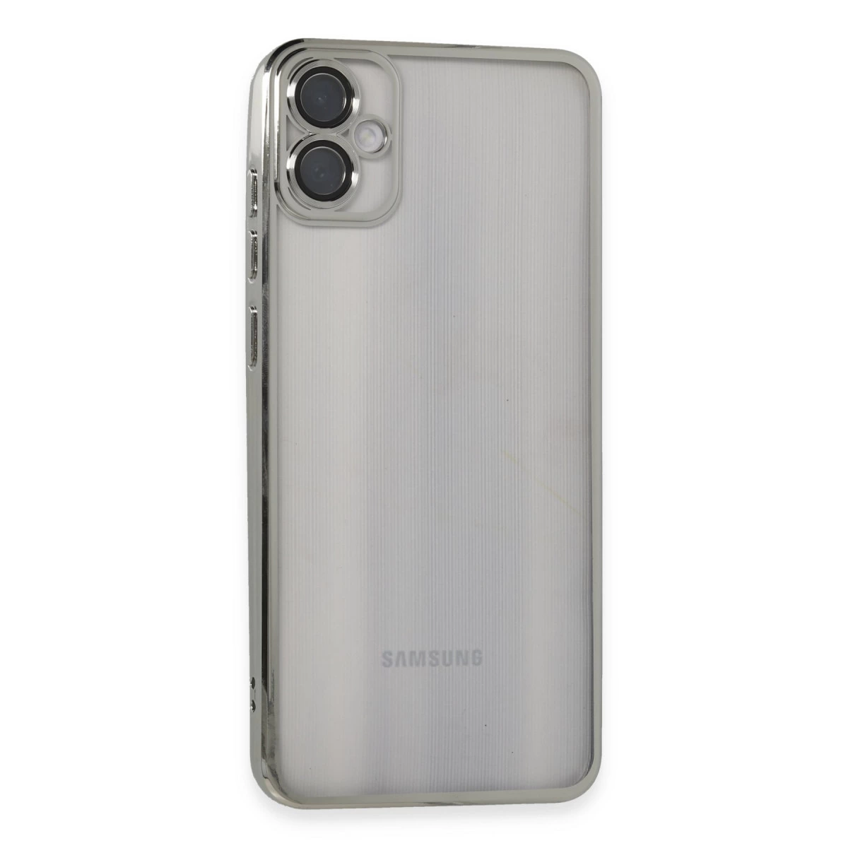 İki kameralı ve Samsung logolu şeffaf telefon kılıfı.