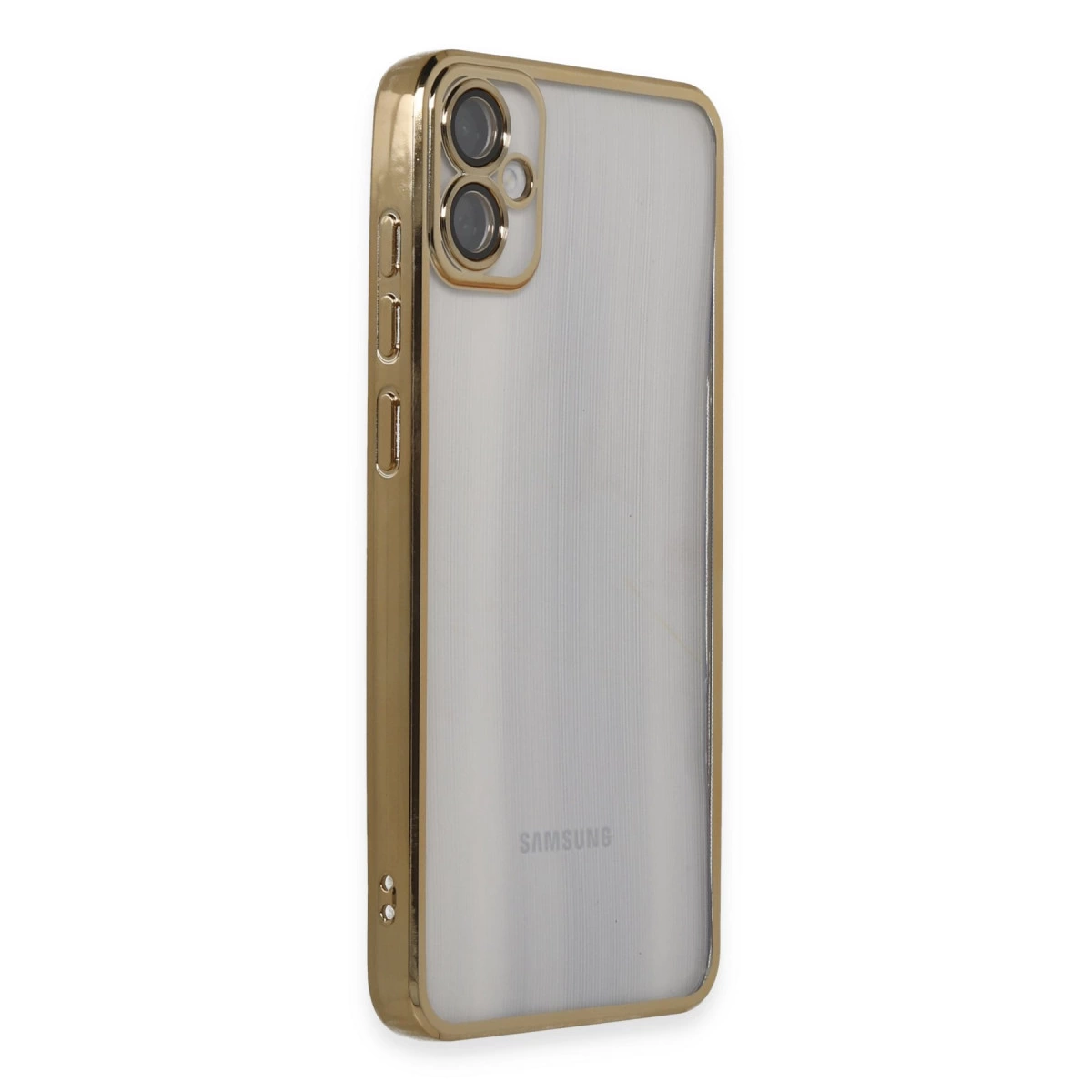 Altın kenarlı ve iki kameralı şeffaf Samsung telefon kılıfı.