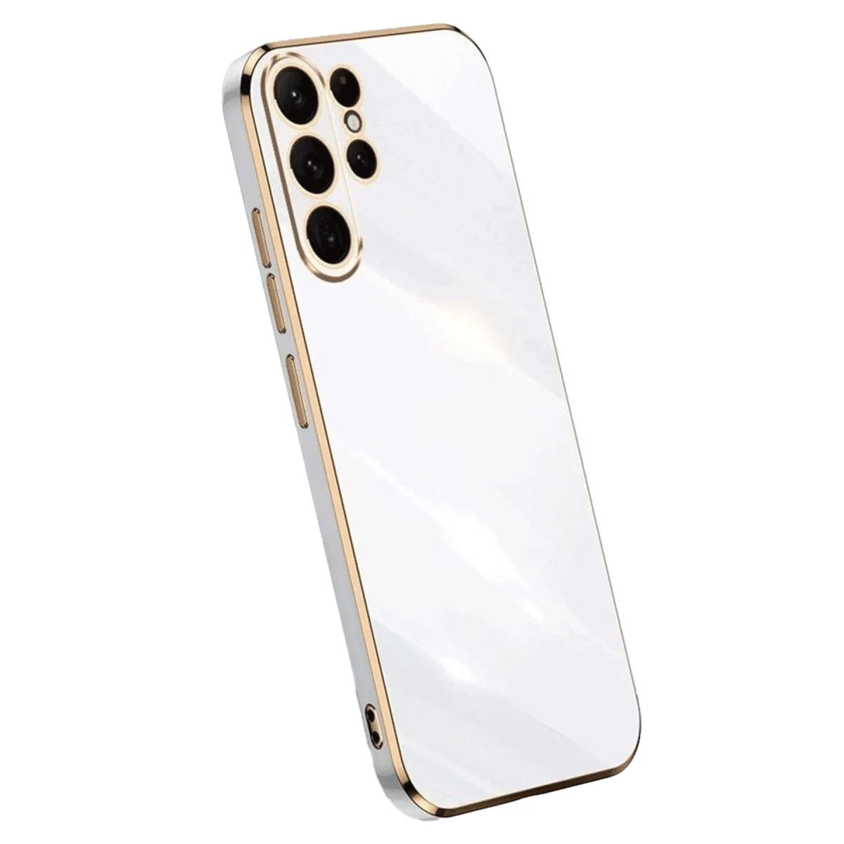 Altın kenarlı ve mercekli beyaz telefon kılıfı.