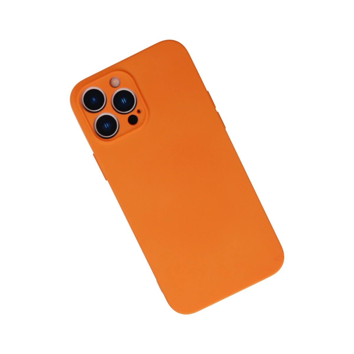 Beyaz arka plan üzerinde üç kamera lensli turuncu telefon kılıfı.