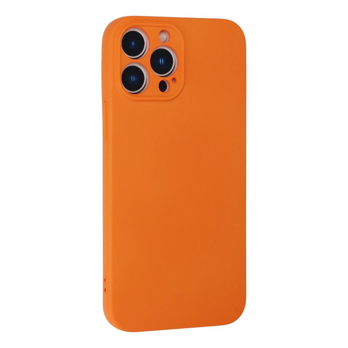 Arkada üç kamera lensi olan turuncu telefon kılıfı.