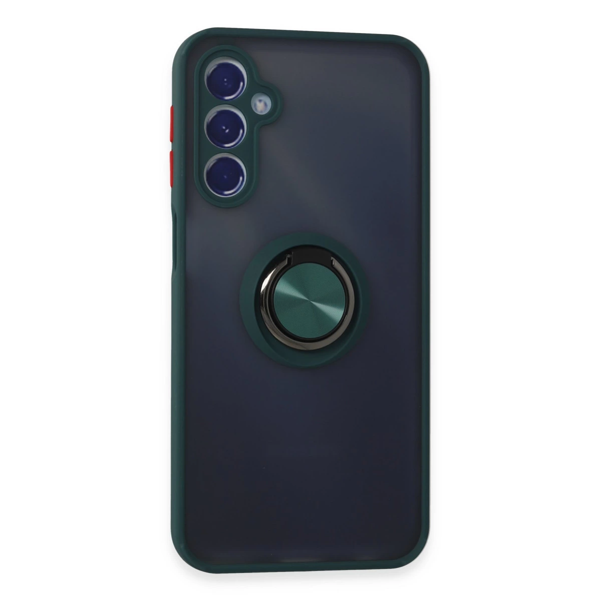 Üç kameralı ve yeşil halka tutuculu lacivert telefon kılıfı.