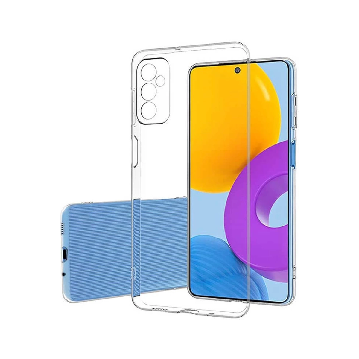 Şeffaf telefon kılıfı, mavi çizgili telefon üzerinde, beyaz zeminde.