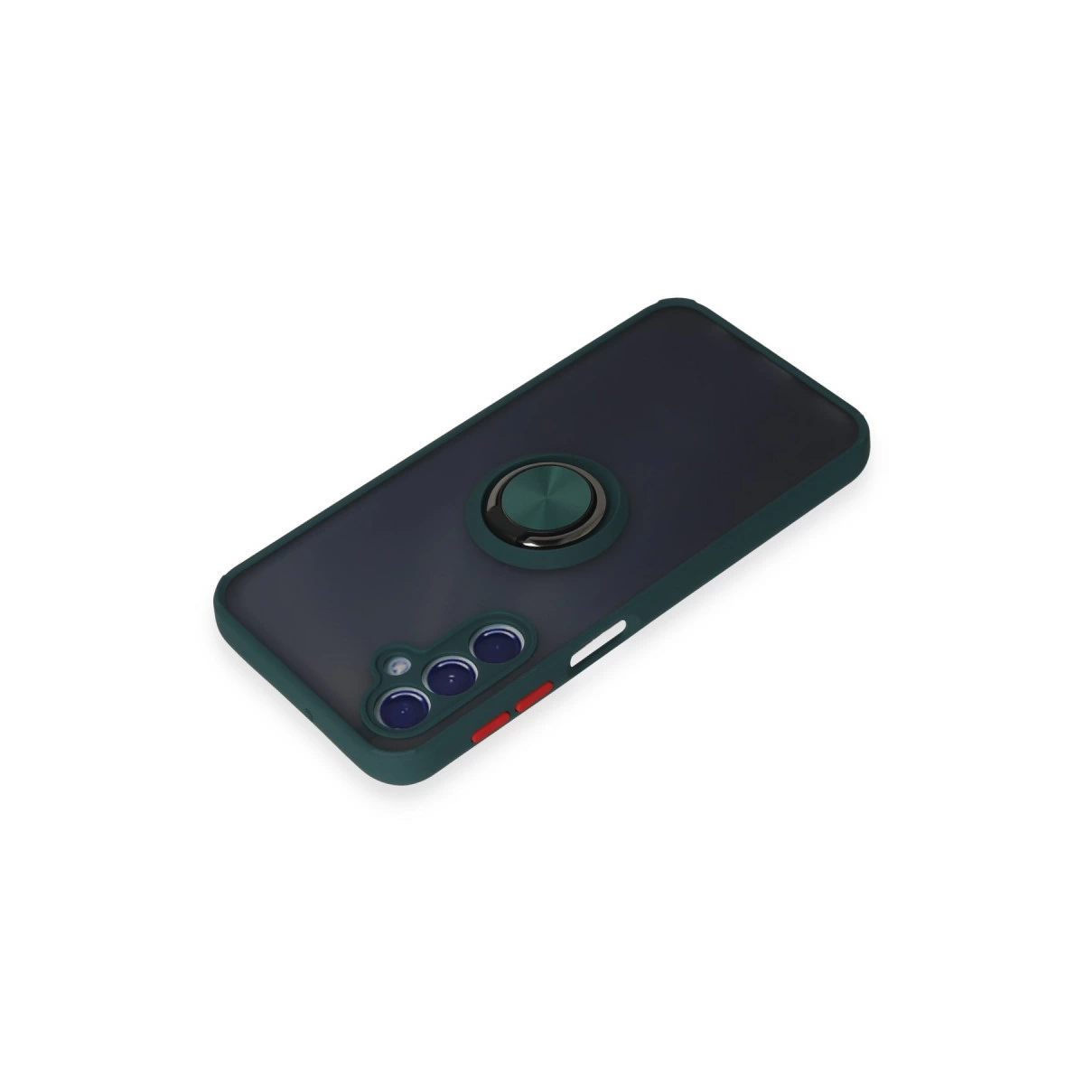 Arkada halka tutuculu ve üç kamera lensli koyu yeşil telefon kılıfı.