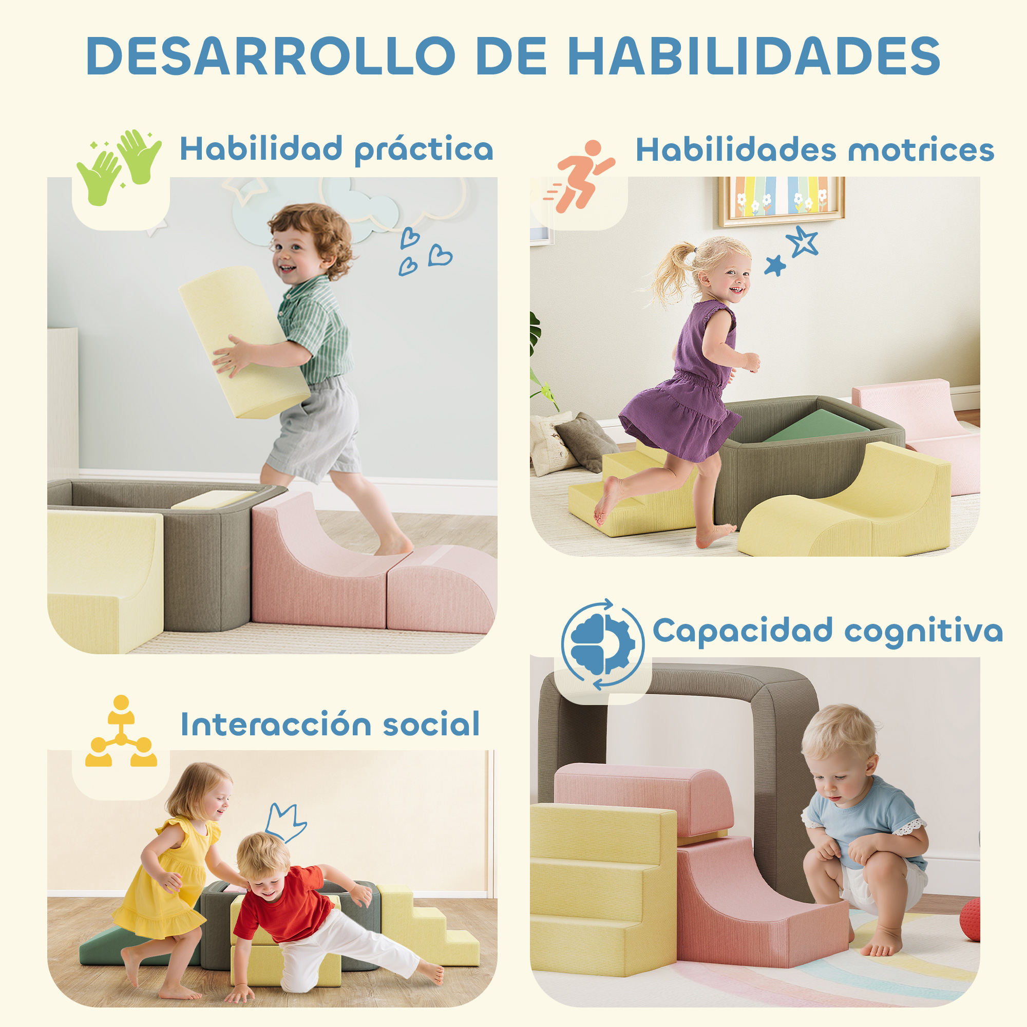 Cuatro escenas muestran niños jugando y aprendiendo con bloques de espuma.