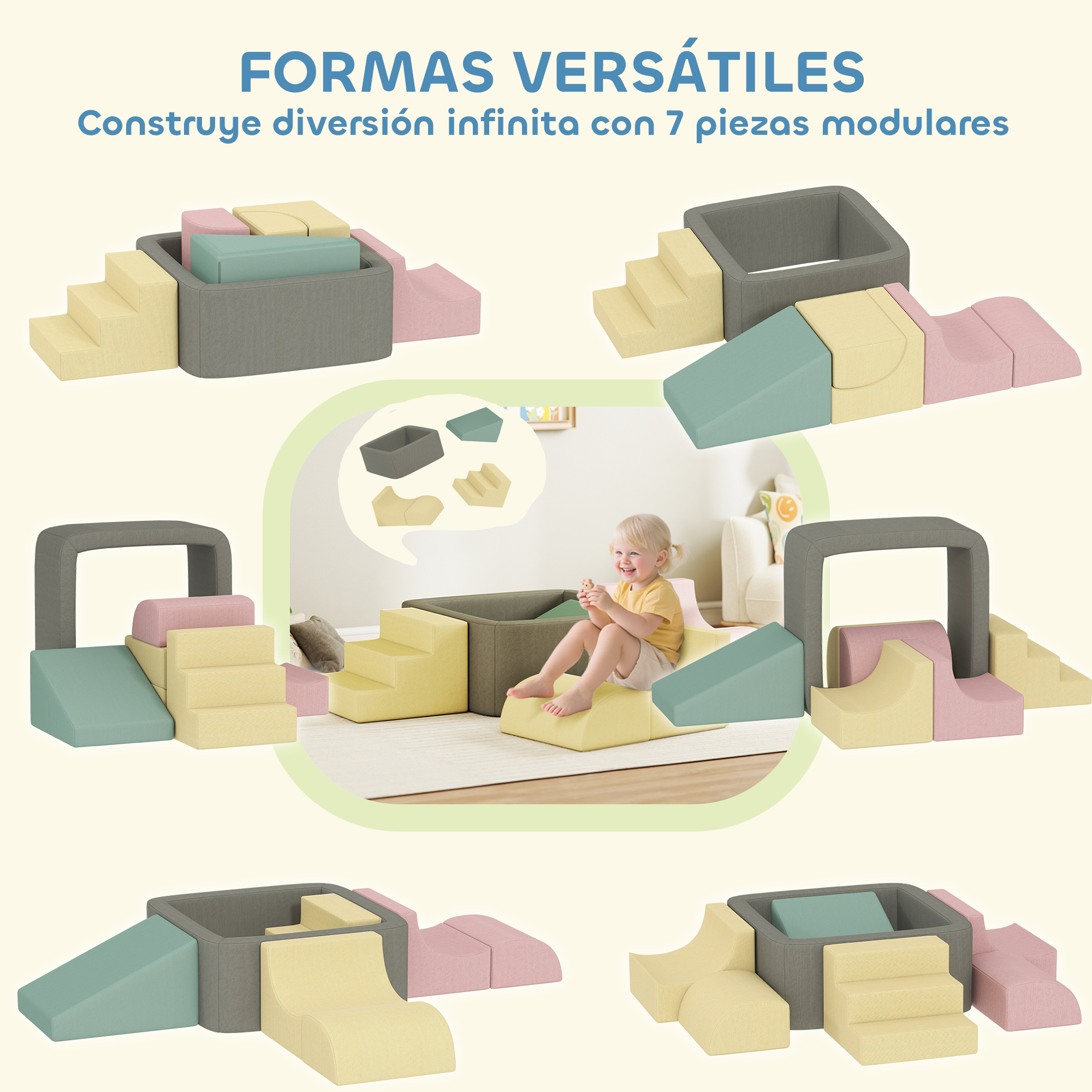 Bloques blandos de juego para niños en varias formas y colores.