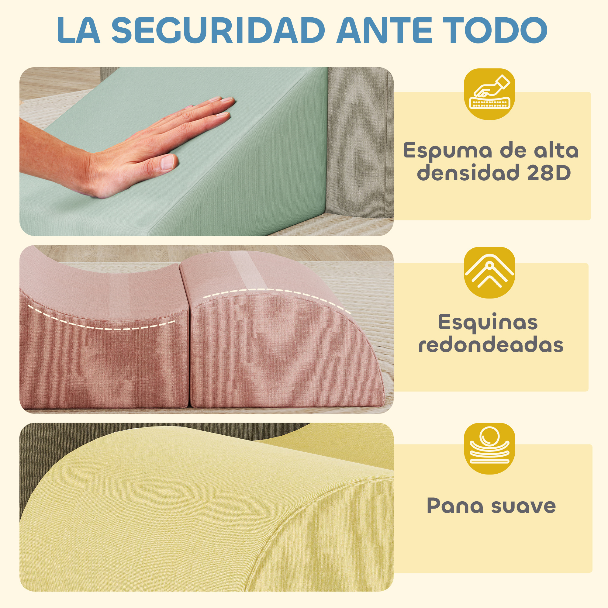 Espuma de alta densidad, esquinas redondeadas, tela suave.