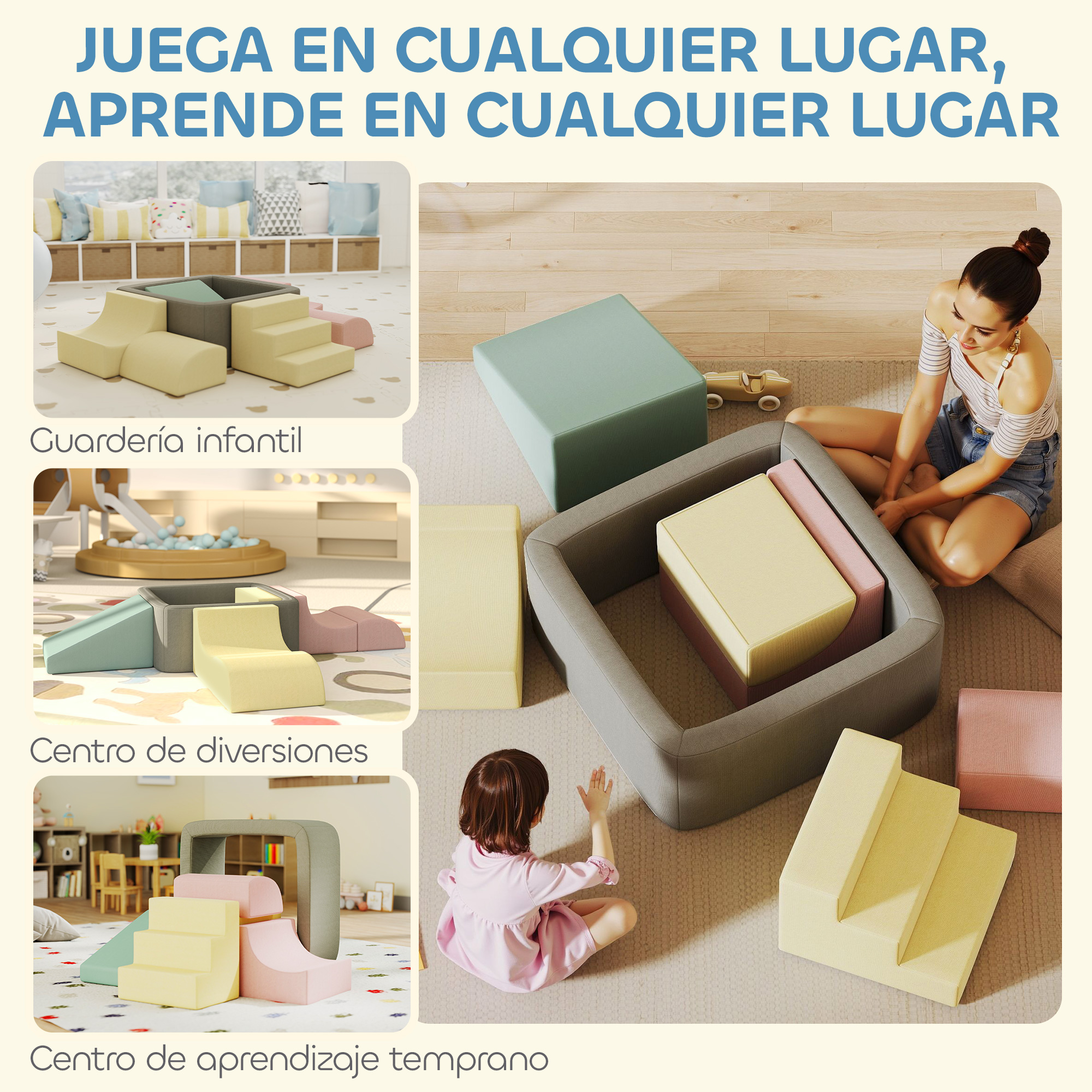 Bloques de juego suaves en colores pastel, una piscina de bolas y una mujer.