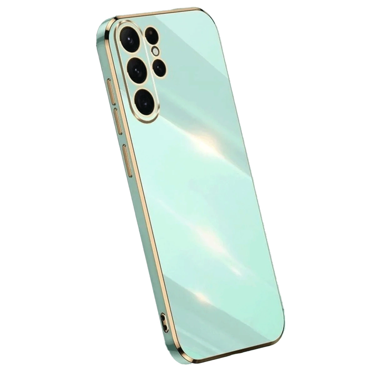 Altın çerçeveli ve kamera modüllü açık turkuaz telefon kılıfı.