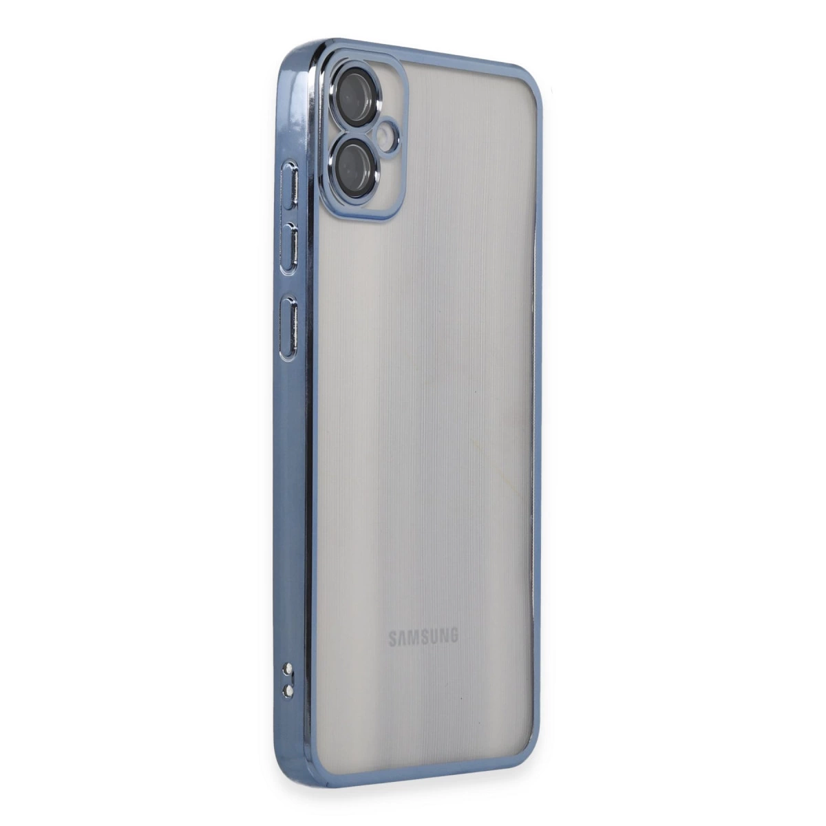 Mavi kenarlı, kamera alanı ve Samsung logolu şeffaf telefon kılıfı.