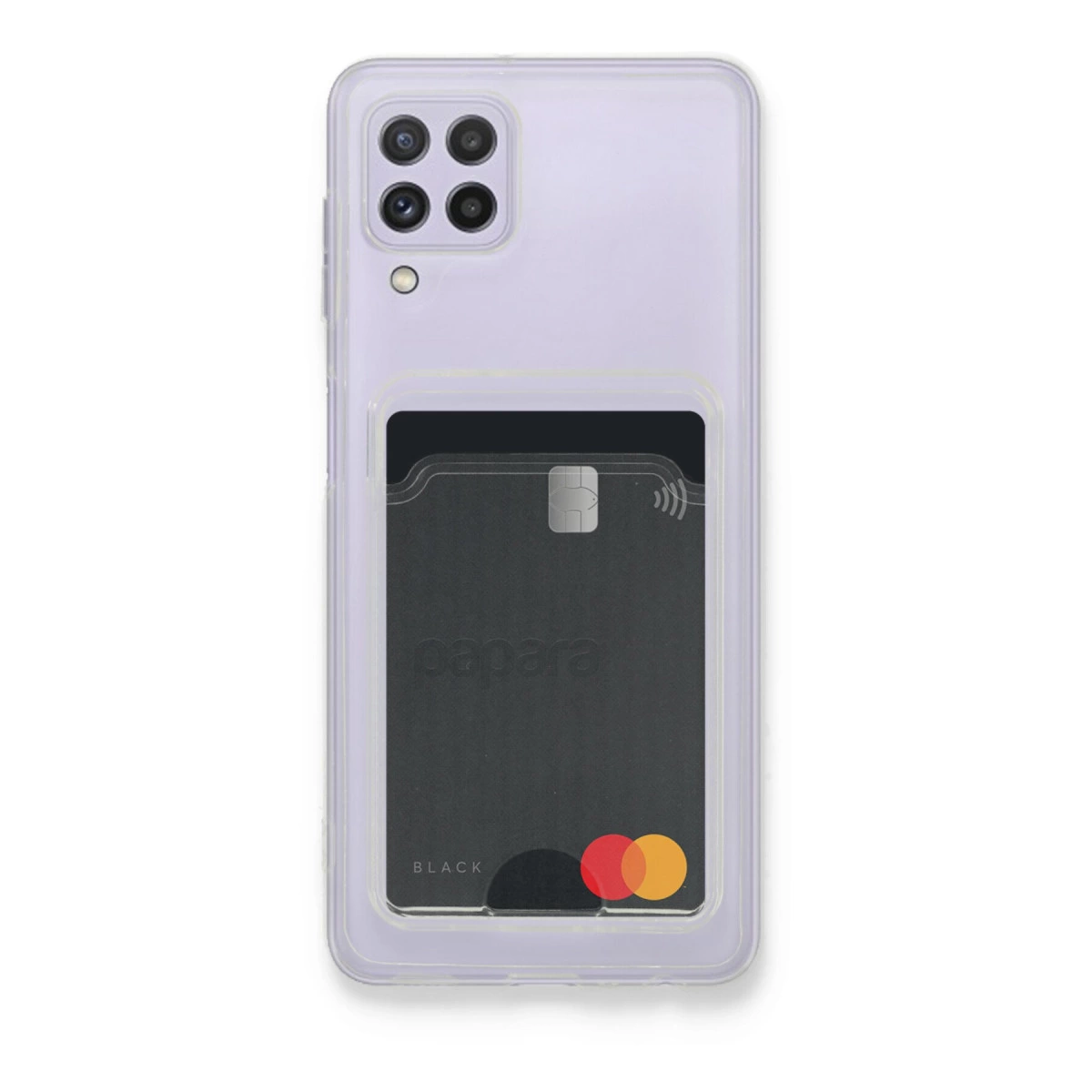 Mastercard logolu siyah kart tutan mor telefon kılıfı.