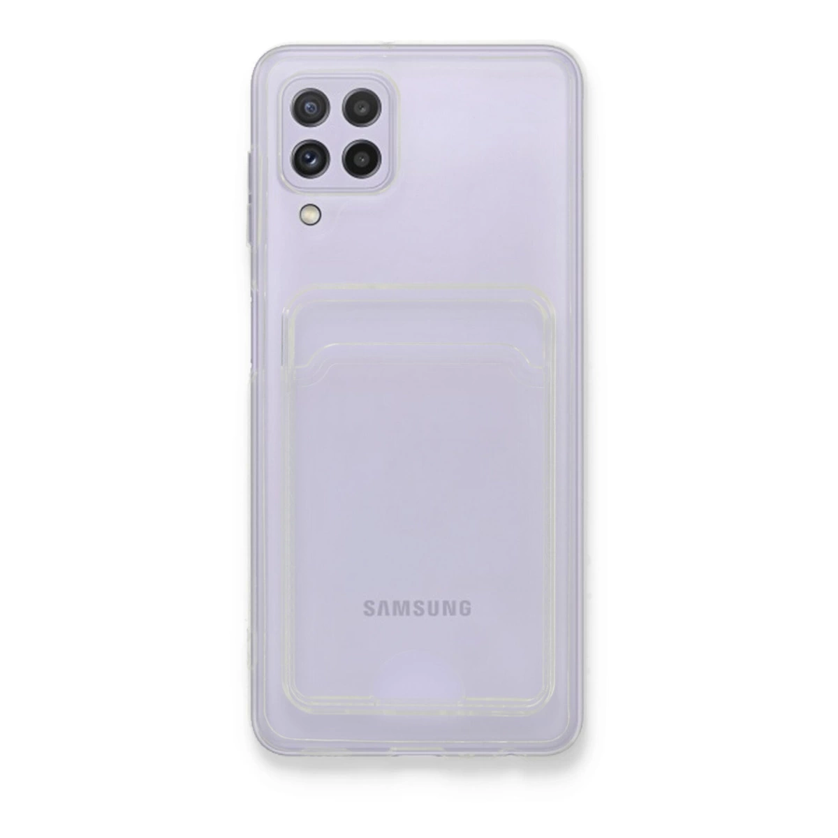 Kart bölmeli, dört kameralı mor Samsung telefon kılıfı.