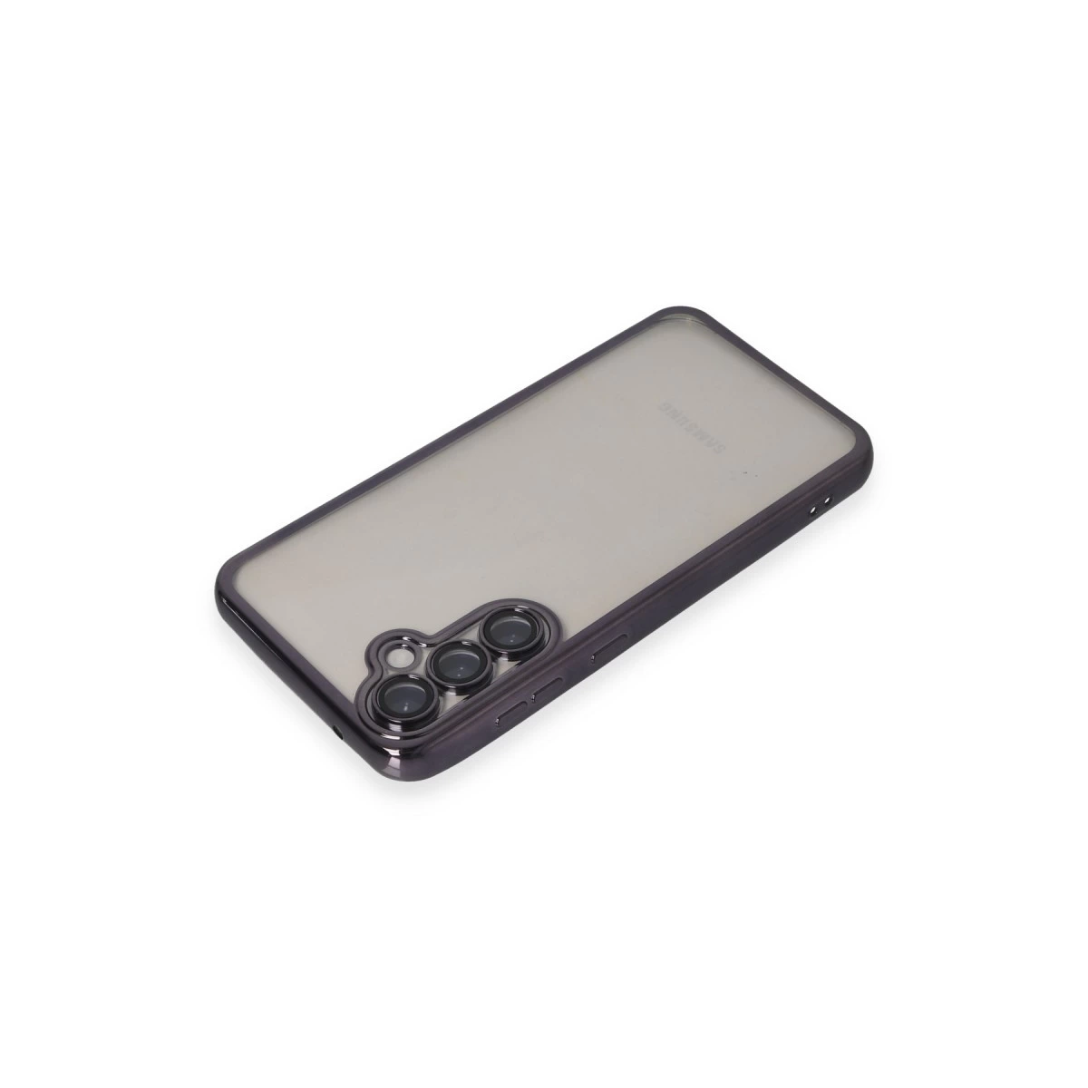 Koyu çerçeveli şeffaf telefon kılıfı, beyaz zeminde.
