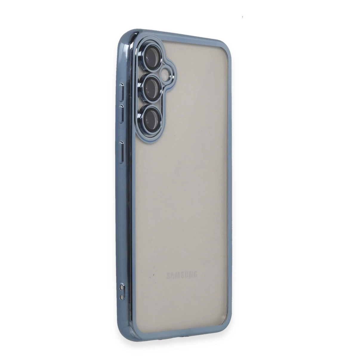 Mavi kenarlı, üç kamera lensli şeffaf telefon kılıfı.