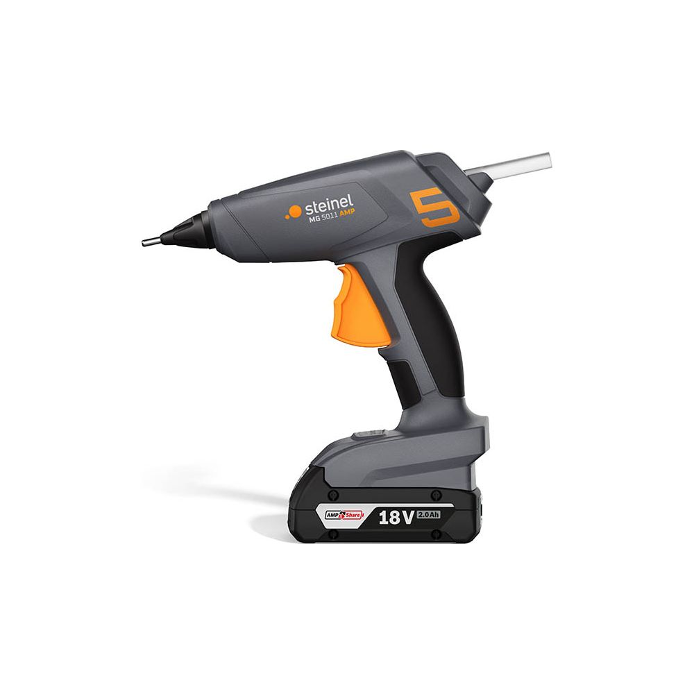 Pistolet à colle sans fil gris avec gâchette orange et buse argentée.