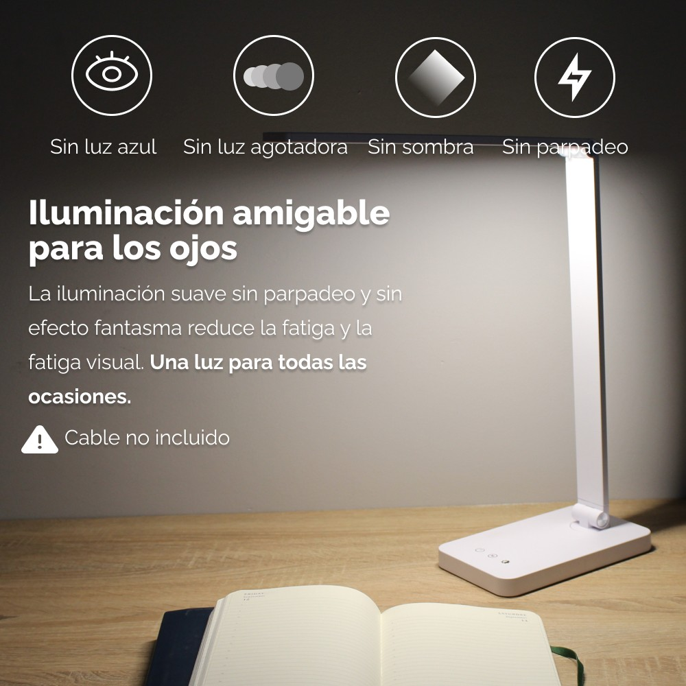 Lámpara de escritorio blanca con íconos de luz azul, fatiga, sombra y parpadeo.
