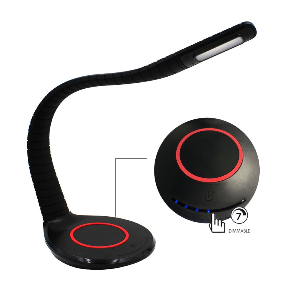 Lámpara de cuello de cisne negra con anillo rojo e indicadores LED.