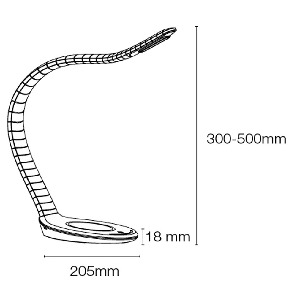 Una elegante lámpara de escritorio con brazo y base flexibles, se muestran dimensiones.